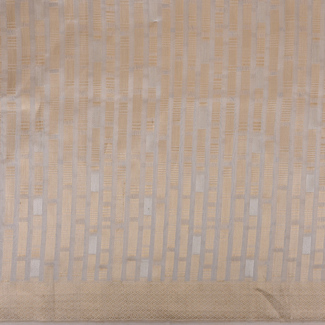 Beige White Banarasi Silk Fabric In Geometrical Stripes