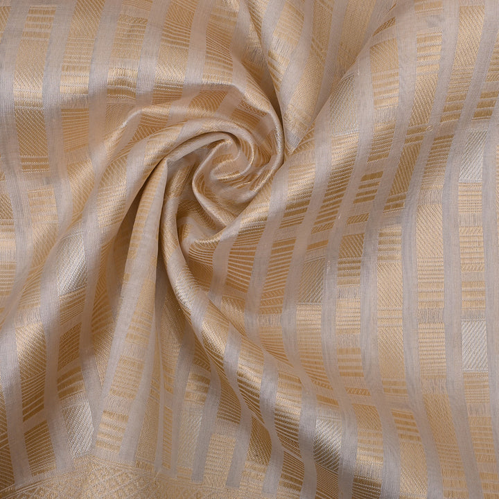 Beige White Banarasi Silk Fabric In Geometrical Stripes