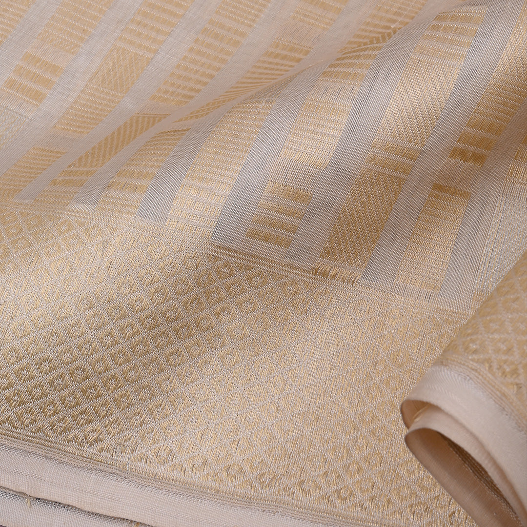 Beige White Banarasi Silk Fabric In Geometrical Stripes