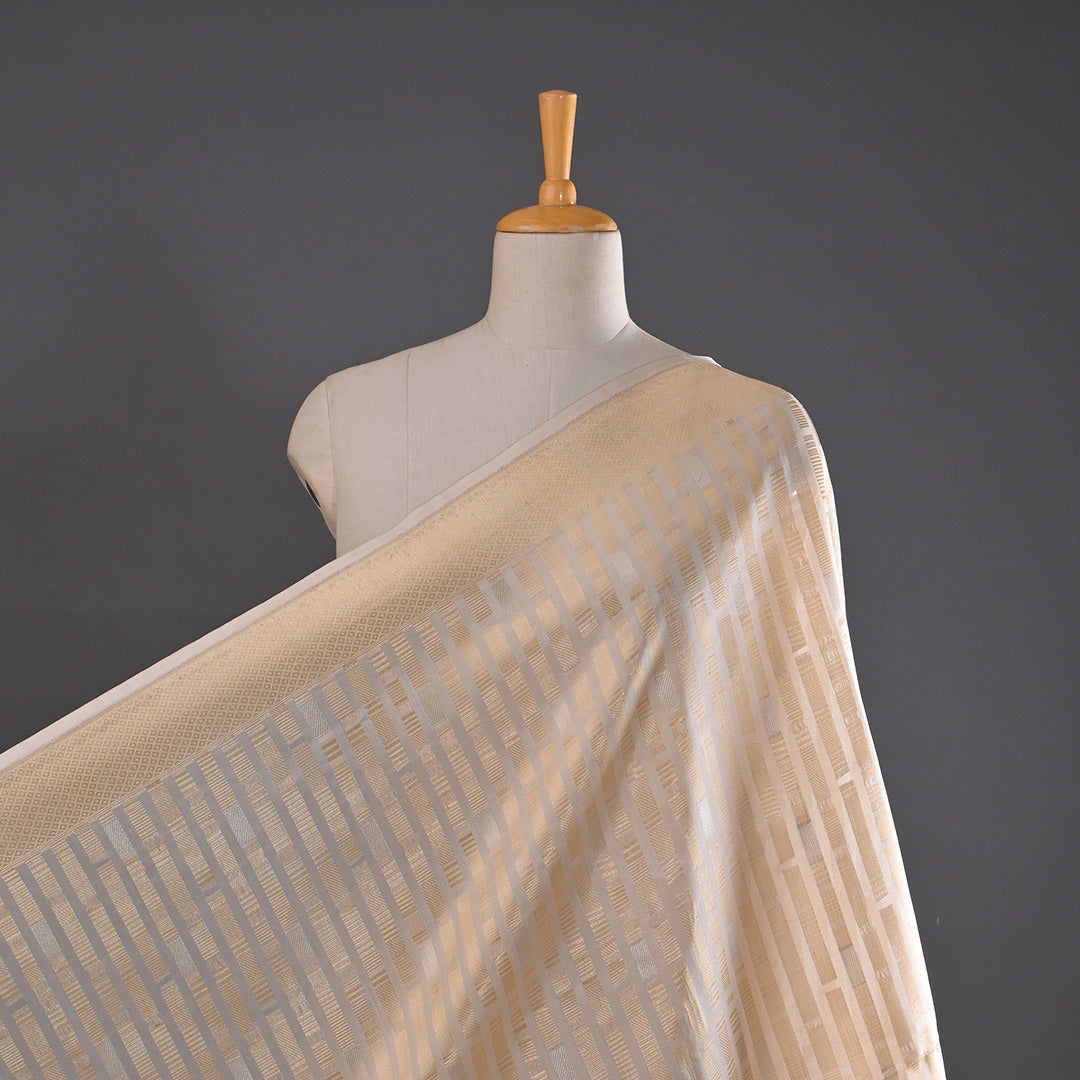 Beige White Banarasi Silk Fabric In Geometrical Stripes