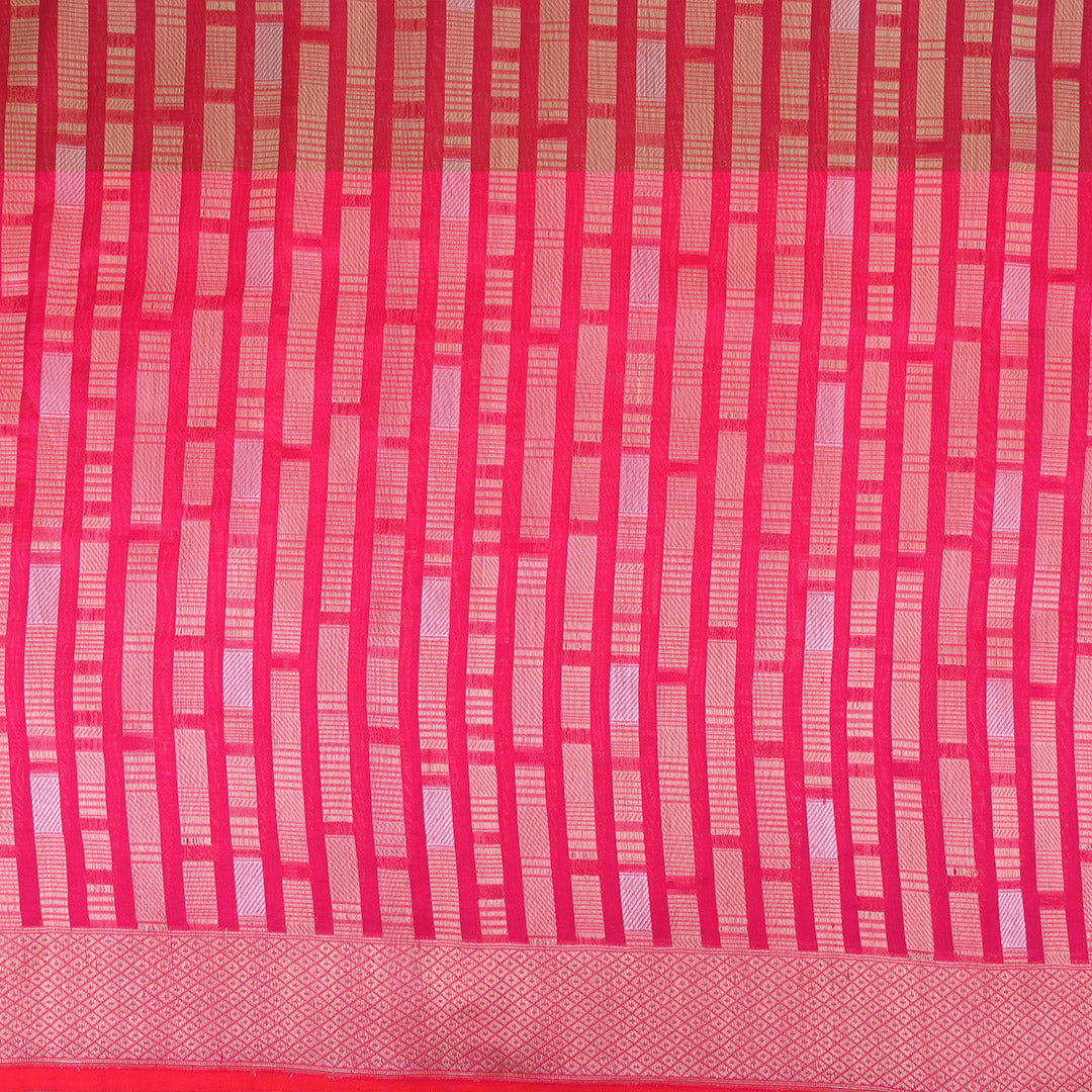 Radical Red Banarasi Silk Fabric In Geometrical Stripes Pattern