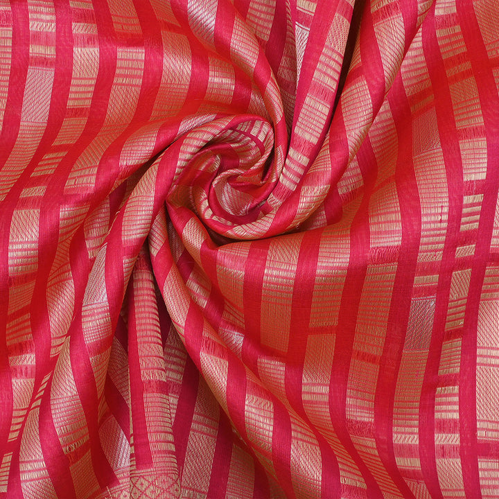 Radical Red Banarasi Silk Fabric In Geometrical Stripes Pattern