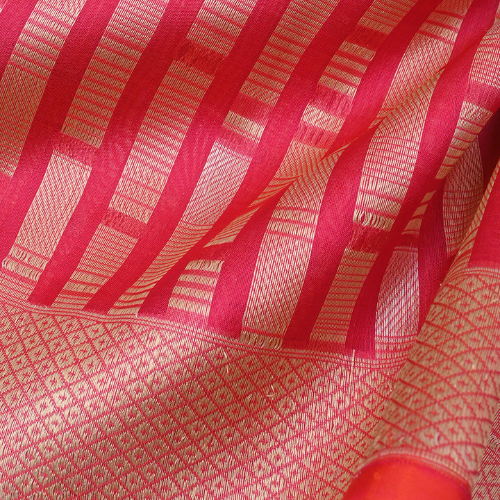 Radical Red Banarasi Silk Fabric In Geometrical Stripes Pattern