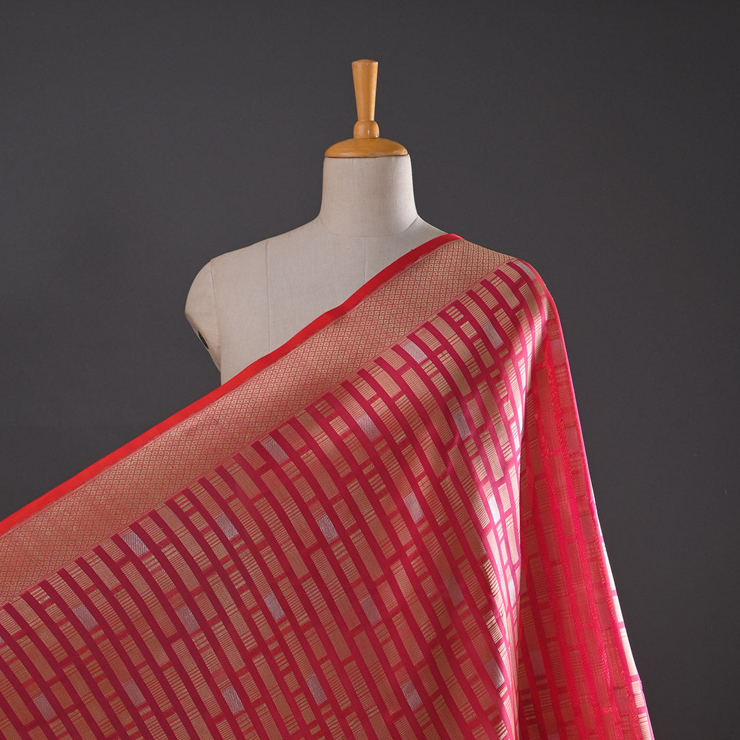 Radical Red Banarasi Silk Fabric In Geometrical Stripes Pattern