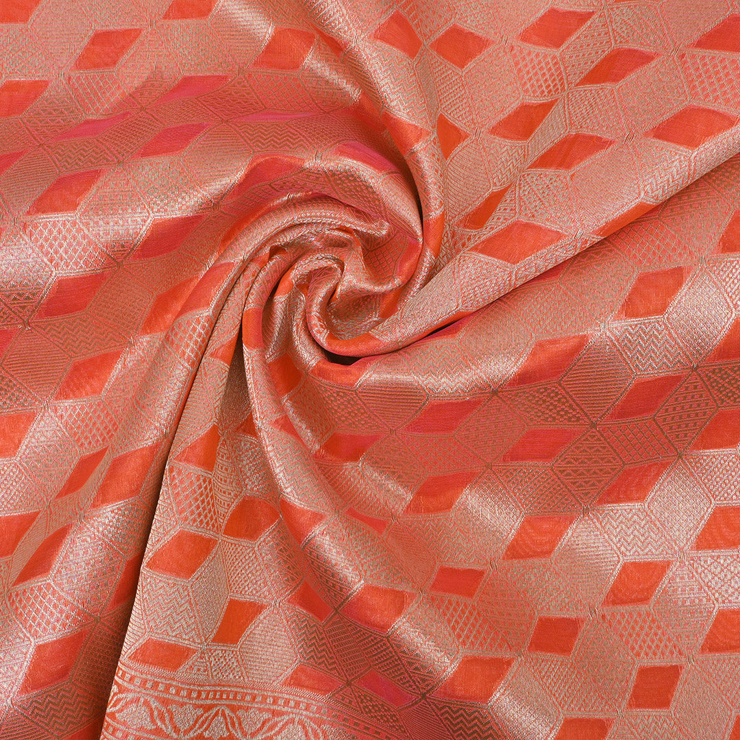 Reddish Orange Banarasi Silk Fabric In Geometrical Pattern