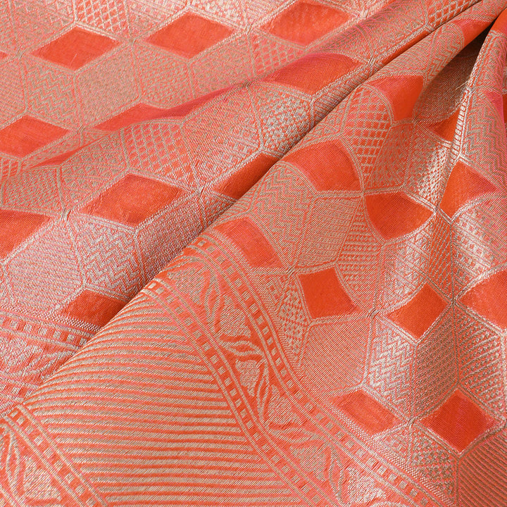 Reddish Orange Banarasi Silk Fabric In Geometrical Pattern