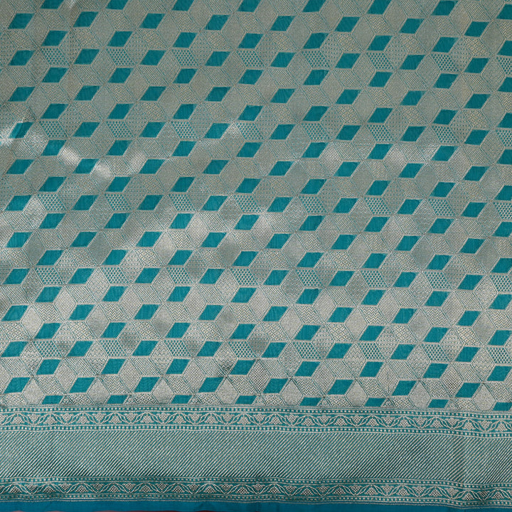 Medium Turquoise Blue Banarasi Silk Fabric In Geometrical Pattern