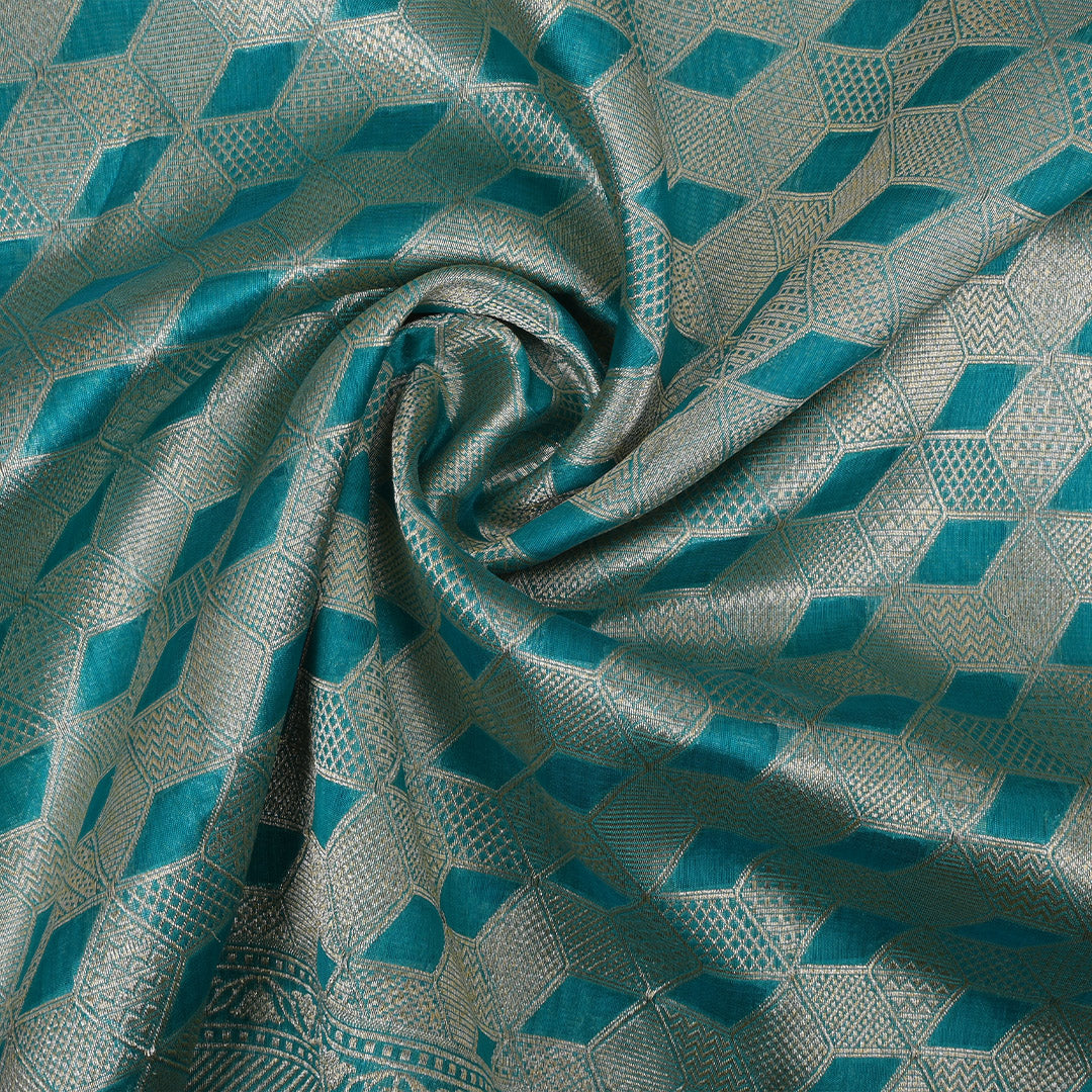 Medium Turquoise Blue Banarasi Silk Fabric In Geometrical Pattern