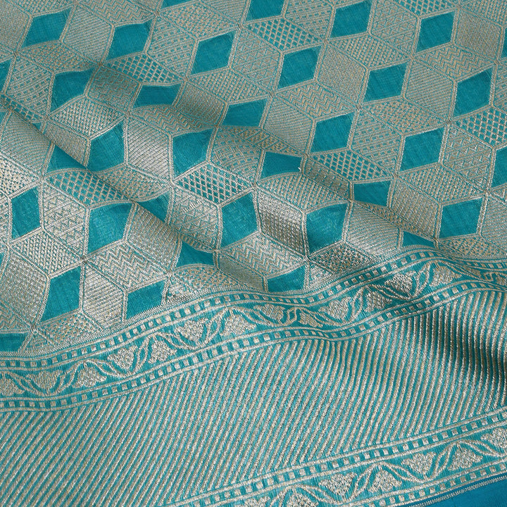 Medium Turquoise Blue Banarasi Silk Fabric In Geometrical Pattern