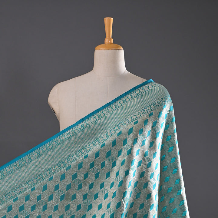 Medium Turquoise Blue Banarasi Silk Fabric In Geometrical Pattern