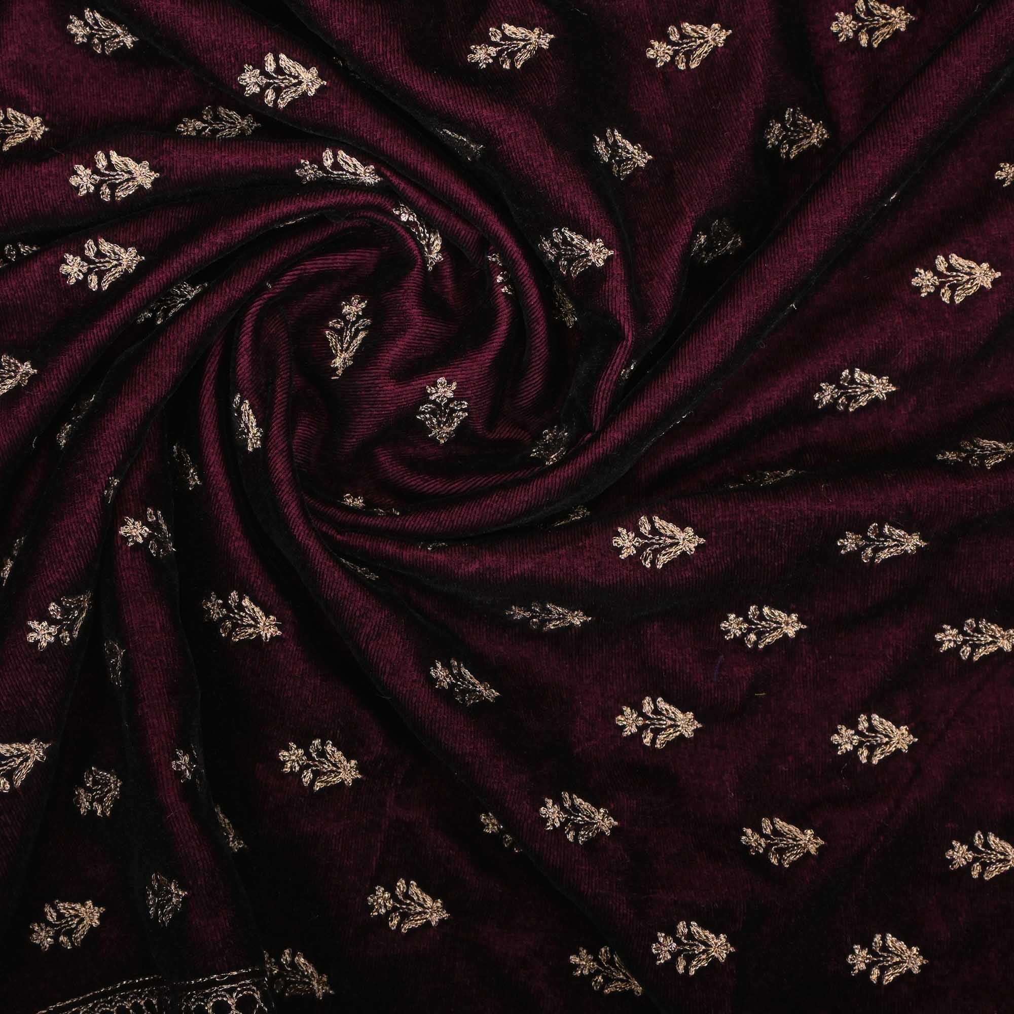 Wine Maroon Zari Embroidery On Velvet Fabric