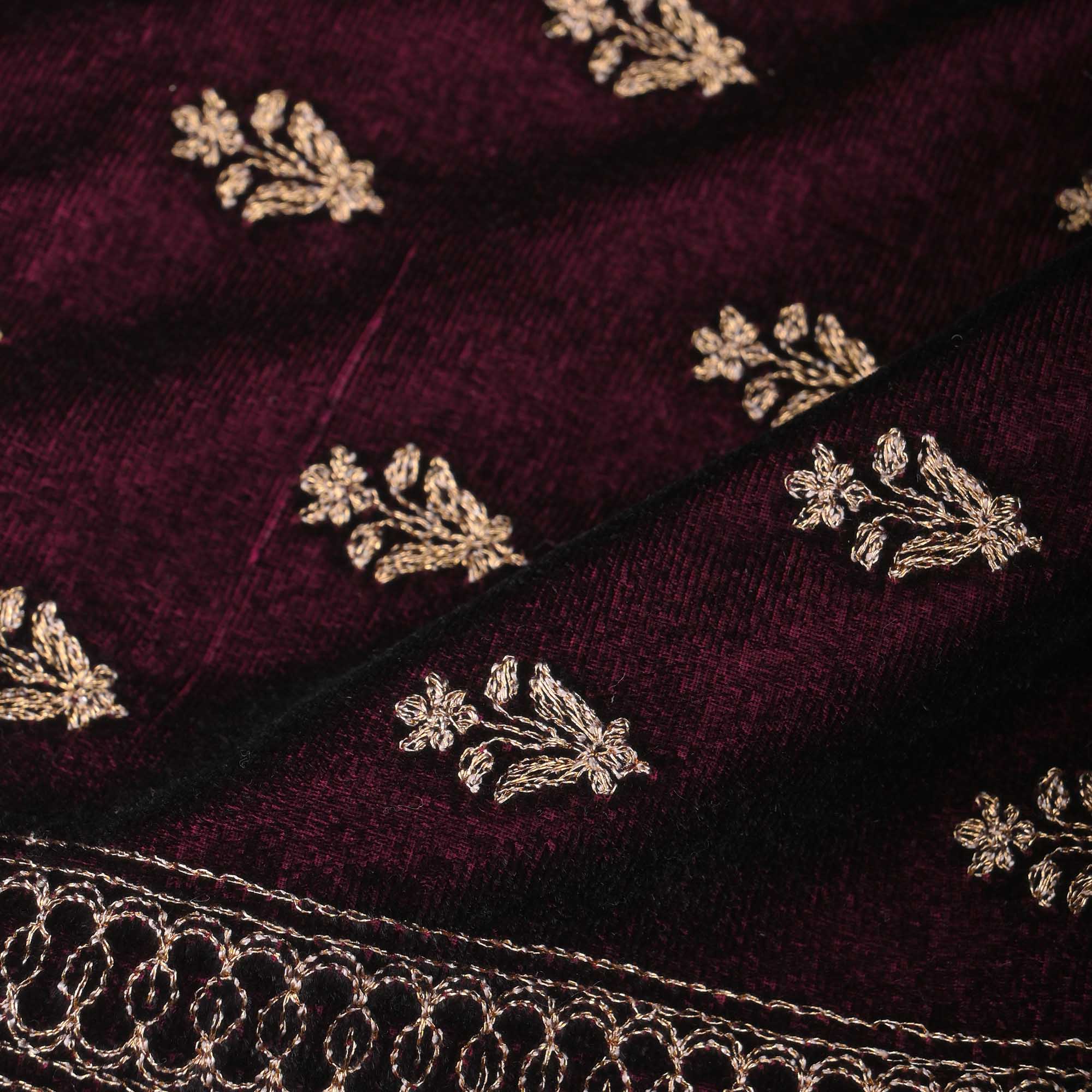 Wine Maroon Zari Embroidery On Velvet Fabric