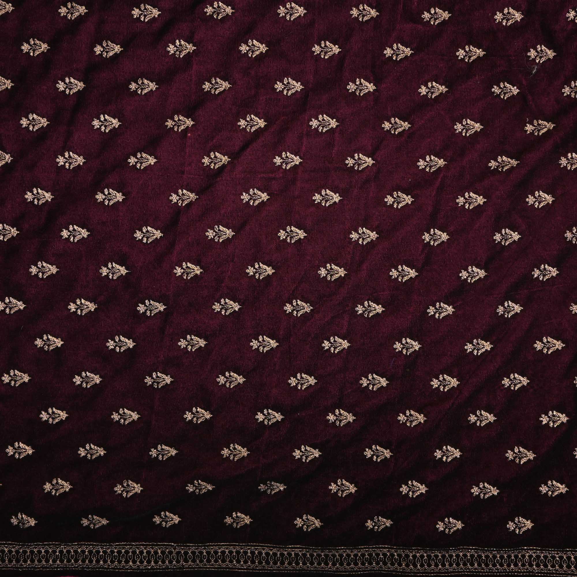 Wine Maroon Zari Embroidery On Velvet Fabric