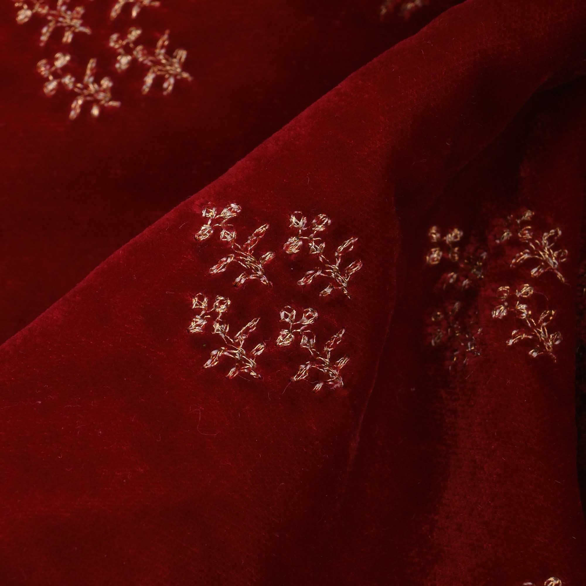 Red Maroon Zari Embroidery On Velvet Fabric