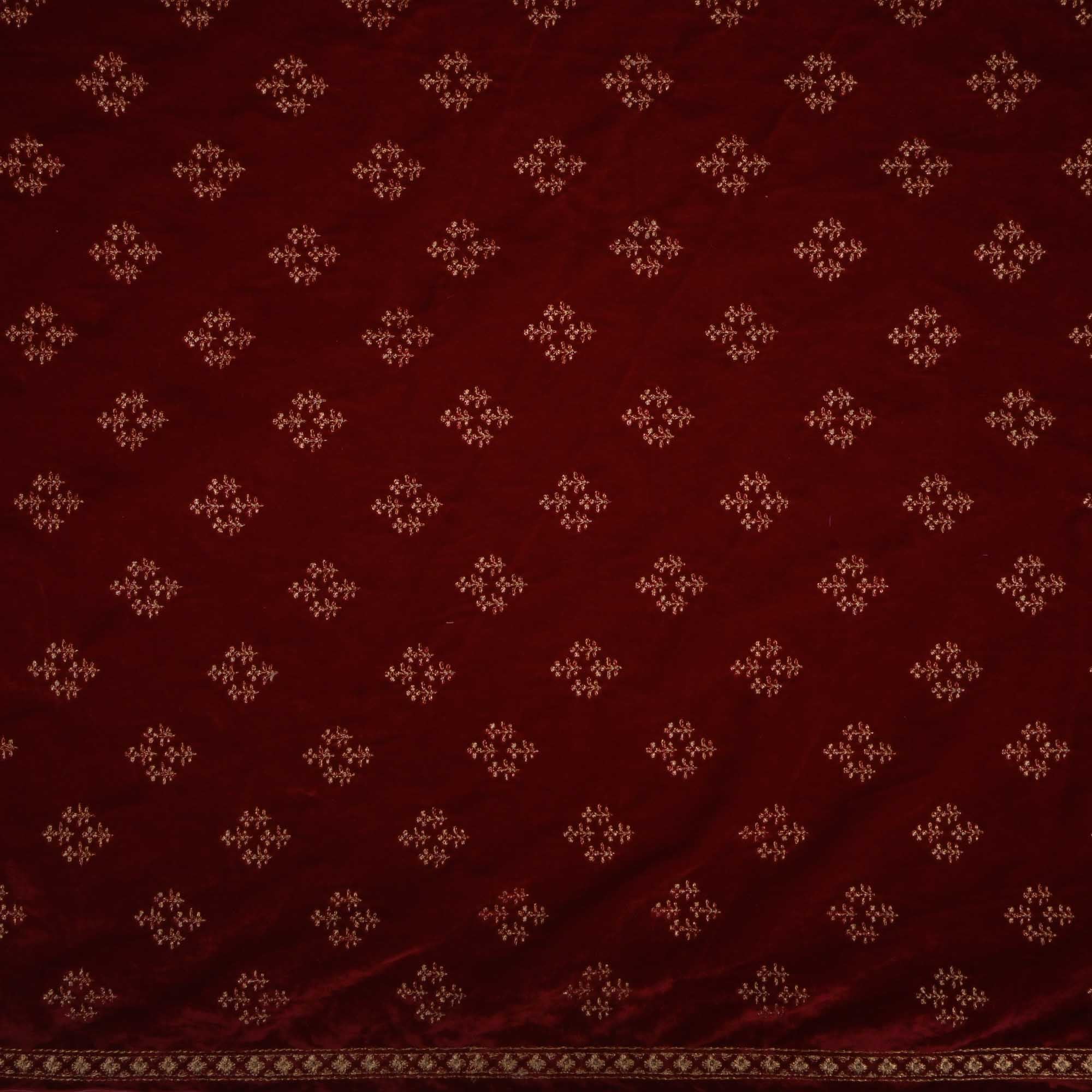 Red Maroon Zari Embroidery On Velvet Fabric