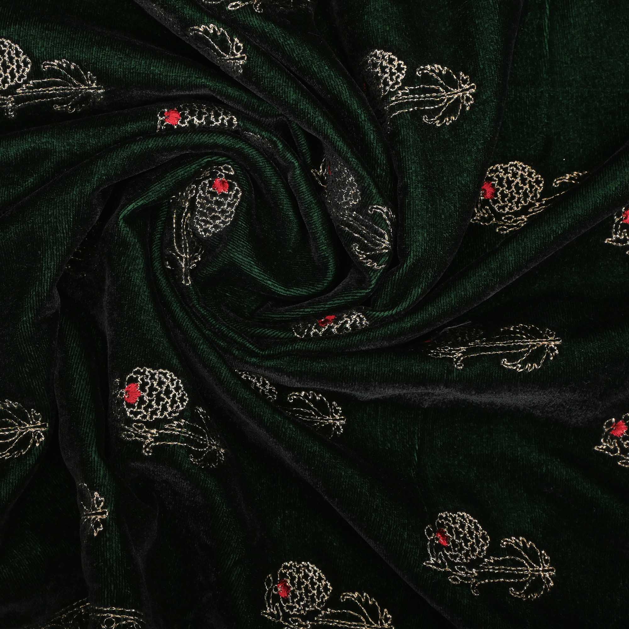 Deep Green Zari Embroidery On Velvet Fabric