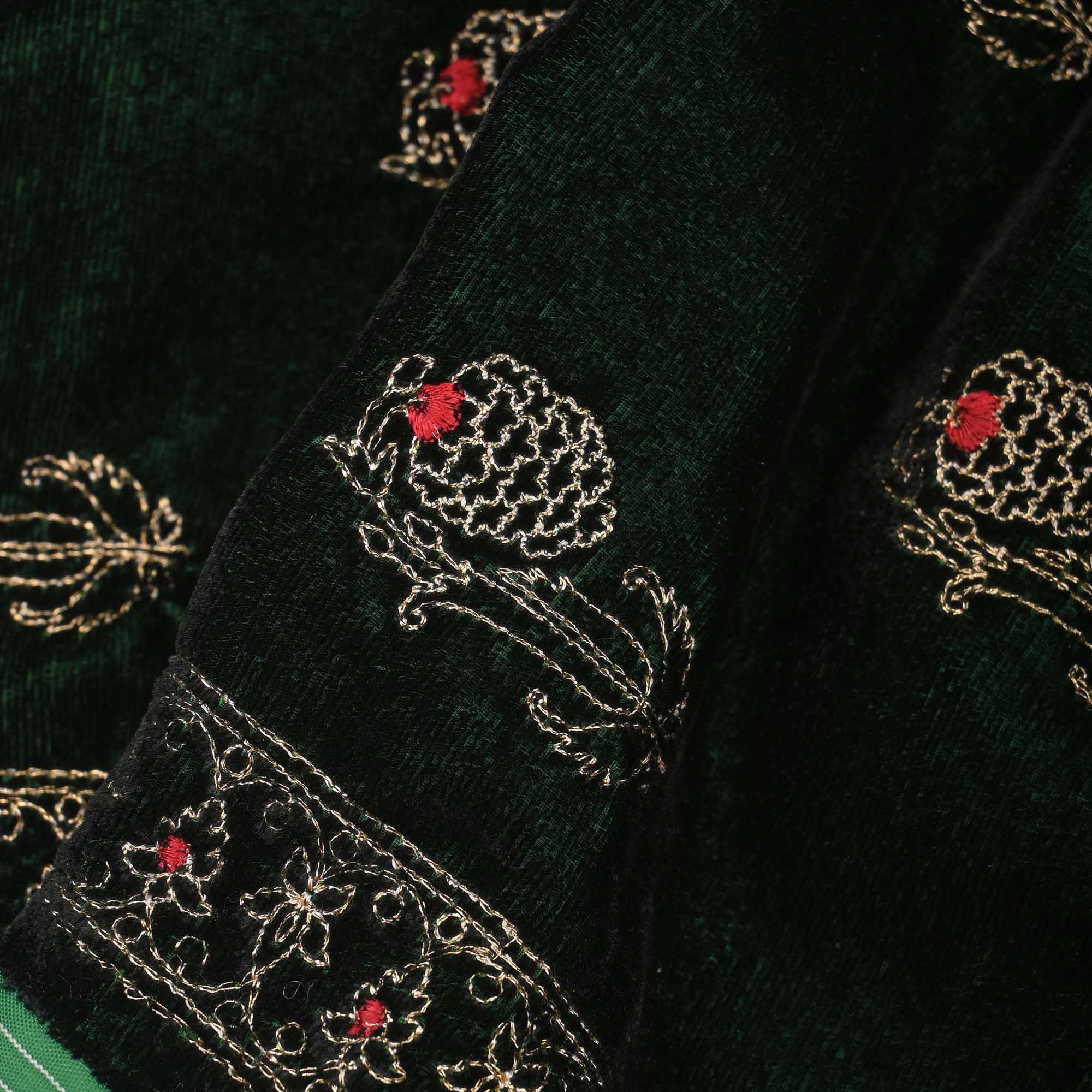 Deep Green Zari Embroidery On Velvet Fabric