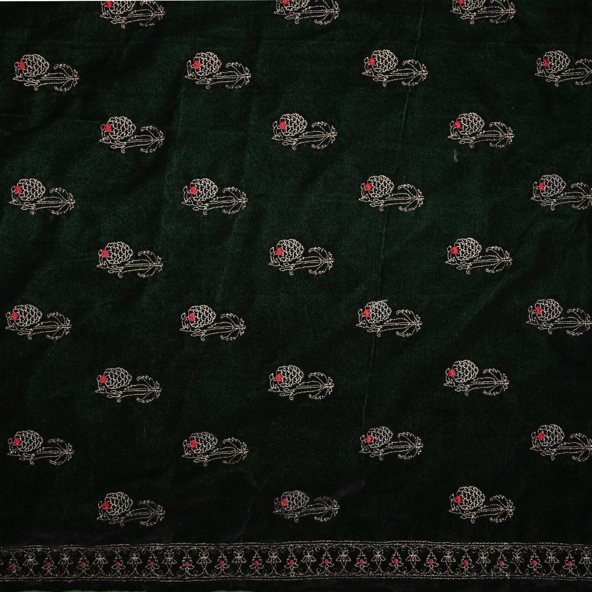 Deep Green Zari Embroidery On Velvet Fabric