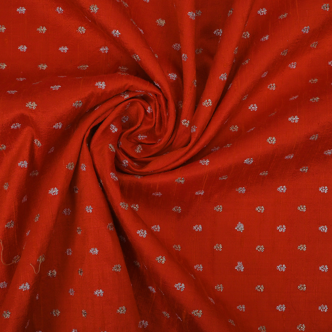 Candy Apple Red Floral Butti Embroidery Raw Silk Fabric