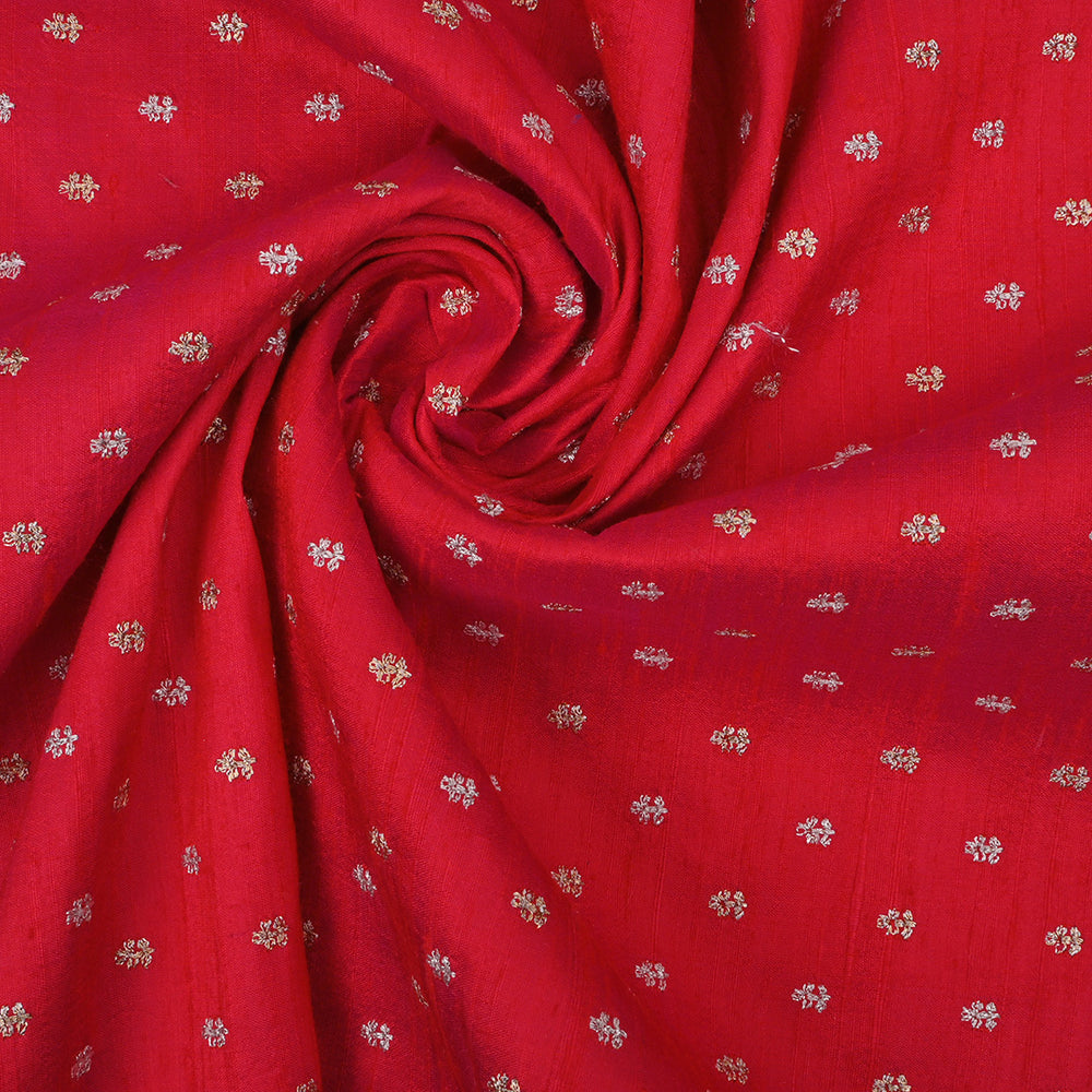 Munsell Red Floral Butti Embroidery Raw Silk Fabric