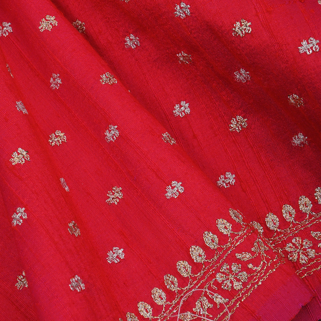 Munsell Red Floral Butti Embroidery Raw Silk Fabric