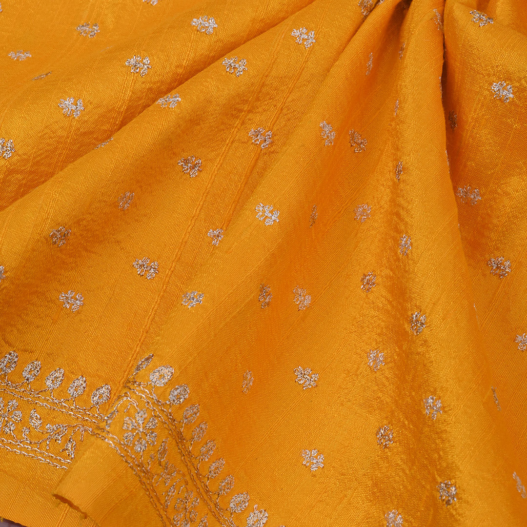 Honey Yellow Floral Butti Embroidery Raw Silk Fabric