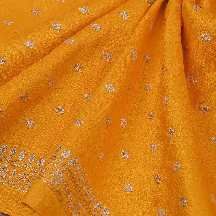 Honey Yellow Floral Butti Embroidery Raw Silk Fabric