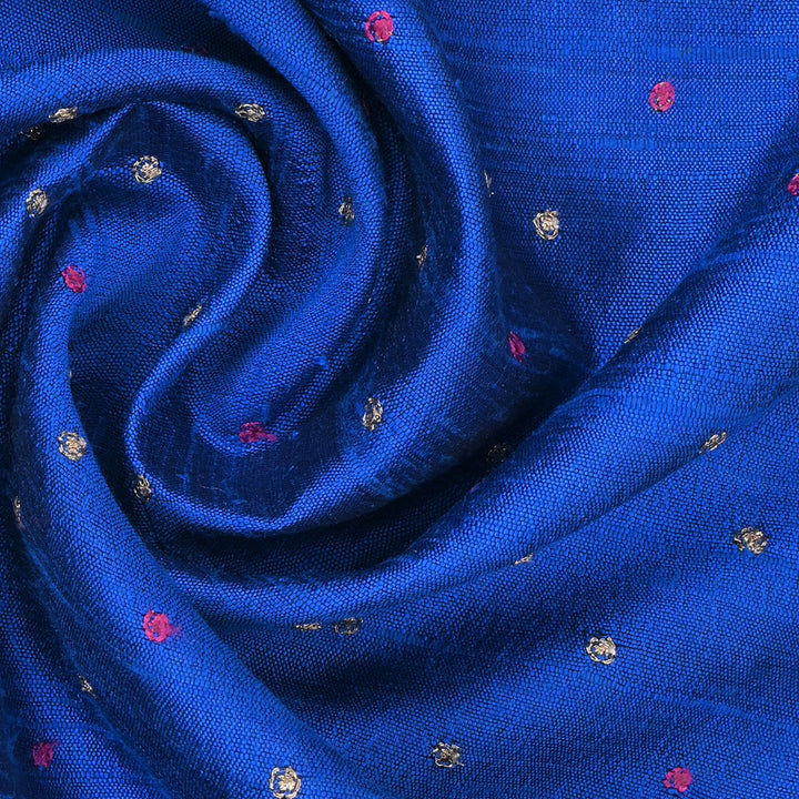 Sapphire Blue Floral Butti Embroidery Raw Silk Fabric