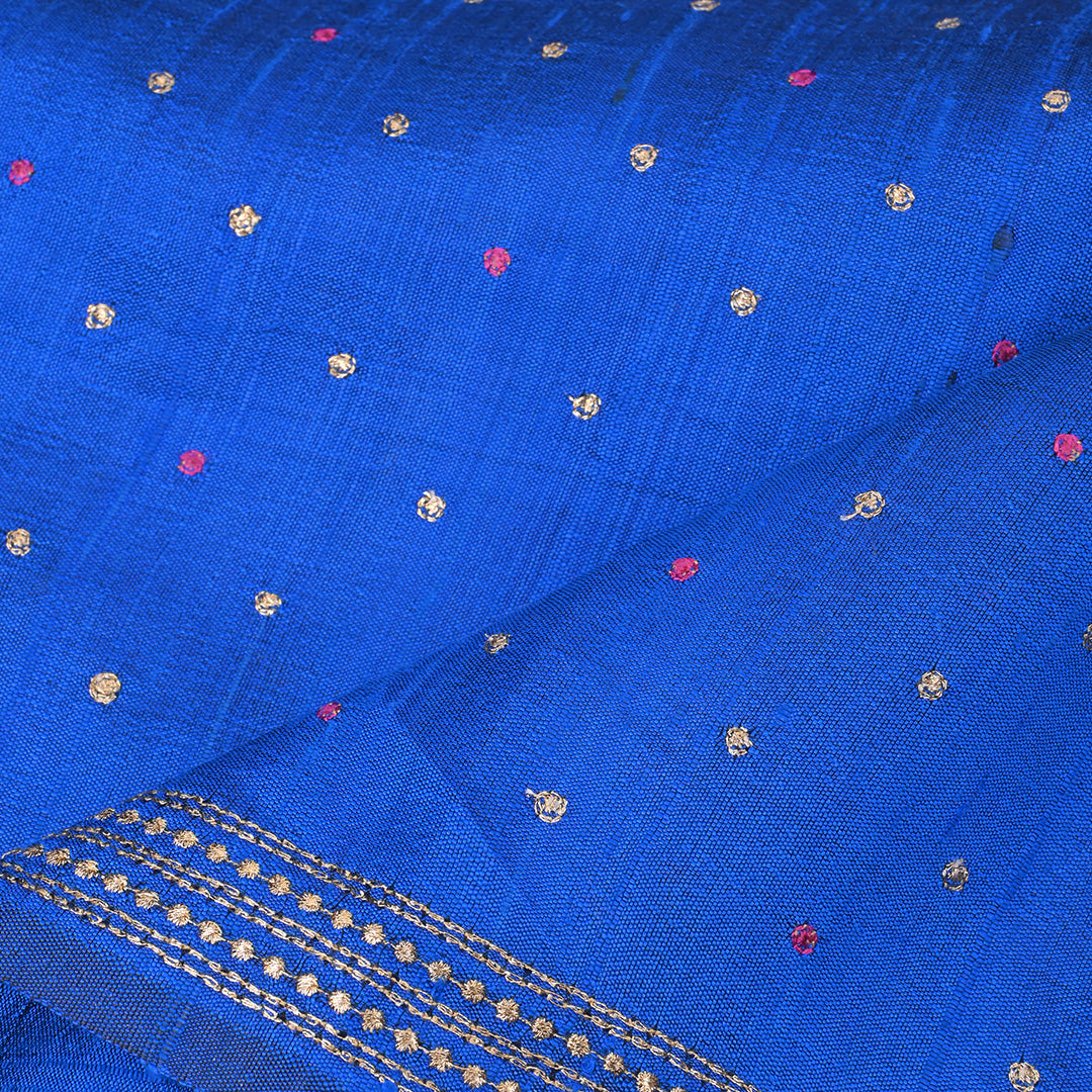 Sapphire Blue Floral Butti Embroidery Raw Silk Fabric