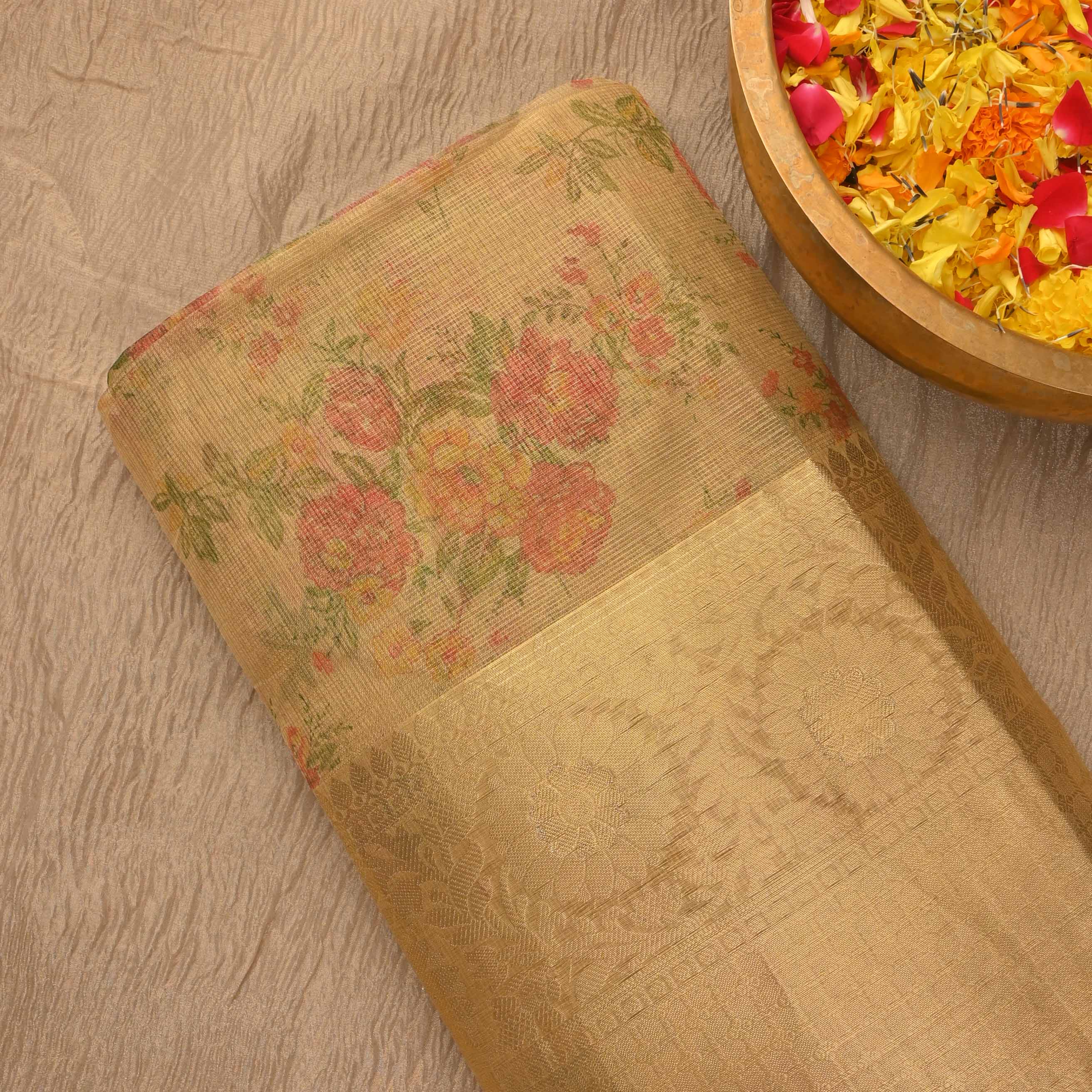 Buff Yellow Printed Floral Tissue Fabric