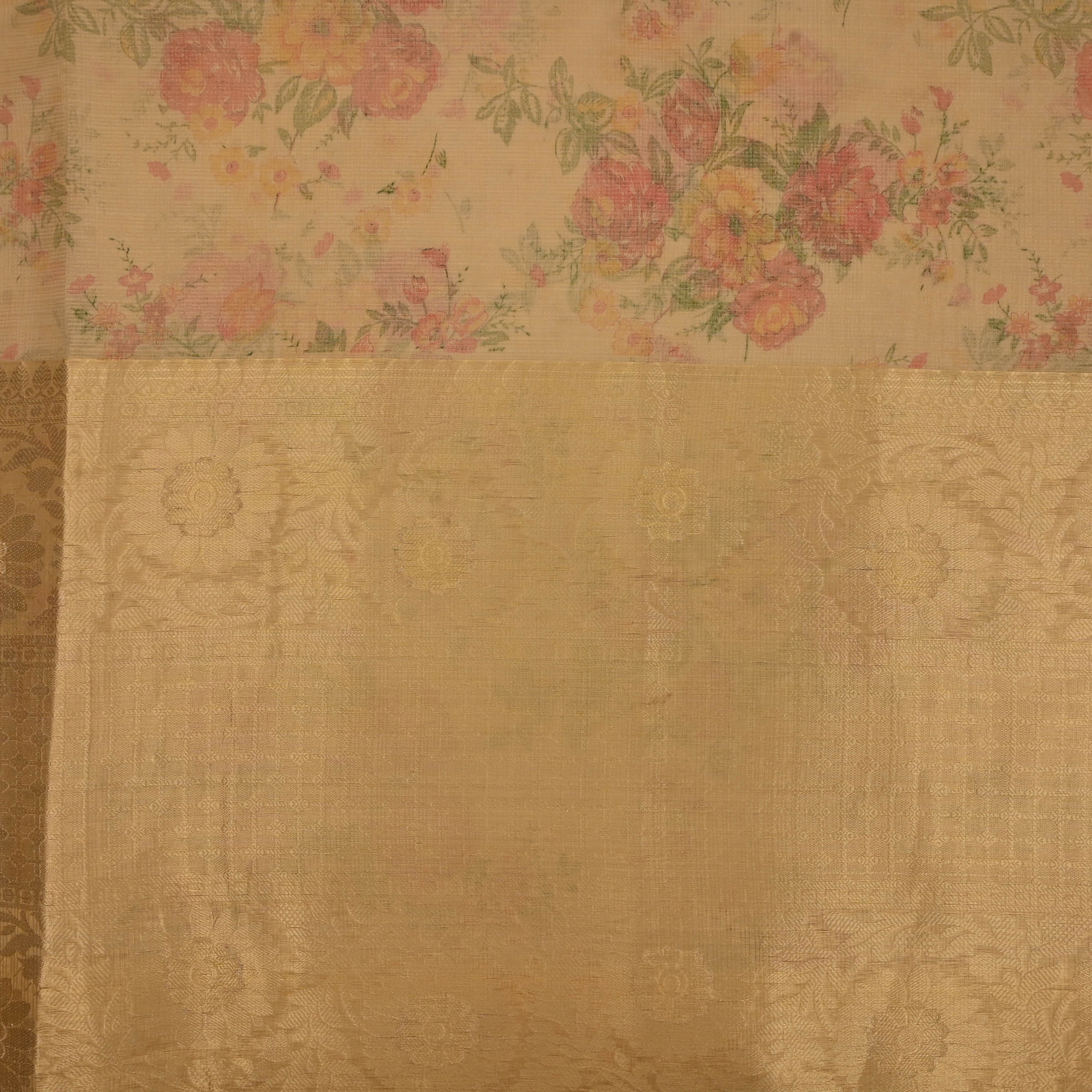 Buff Yellow Printed Floral Tissue Fabric