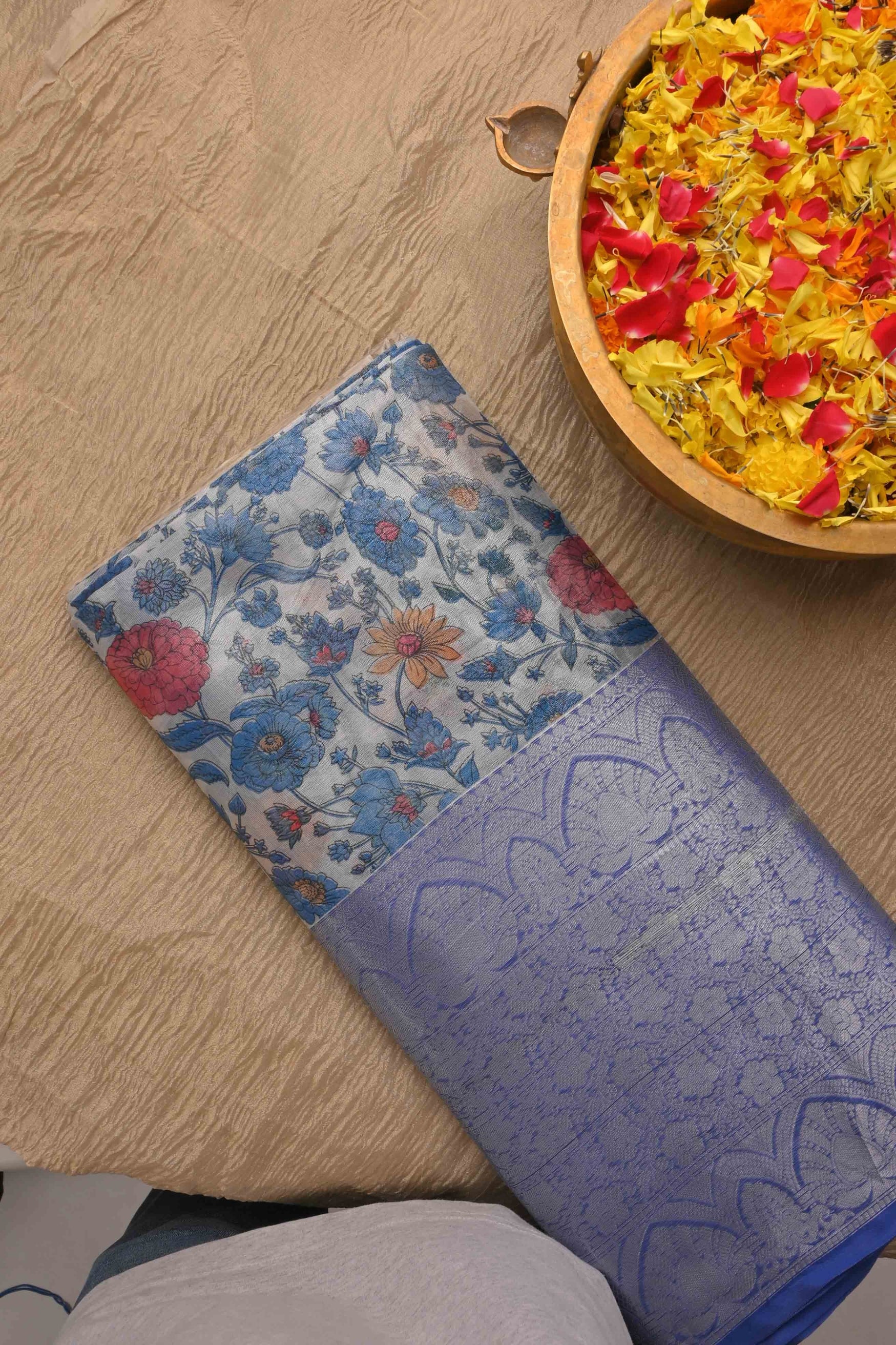 Blue White Printed Floral Tissue Fabric