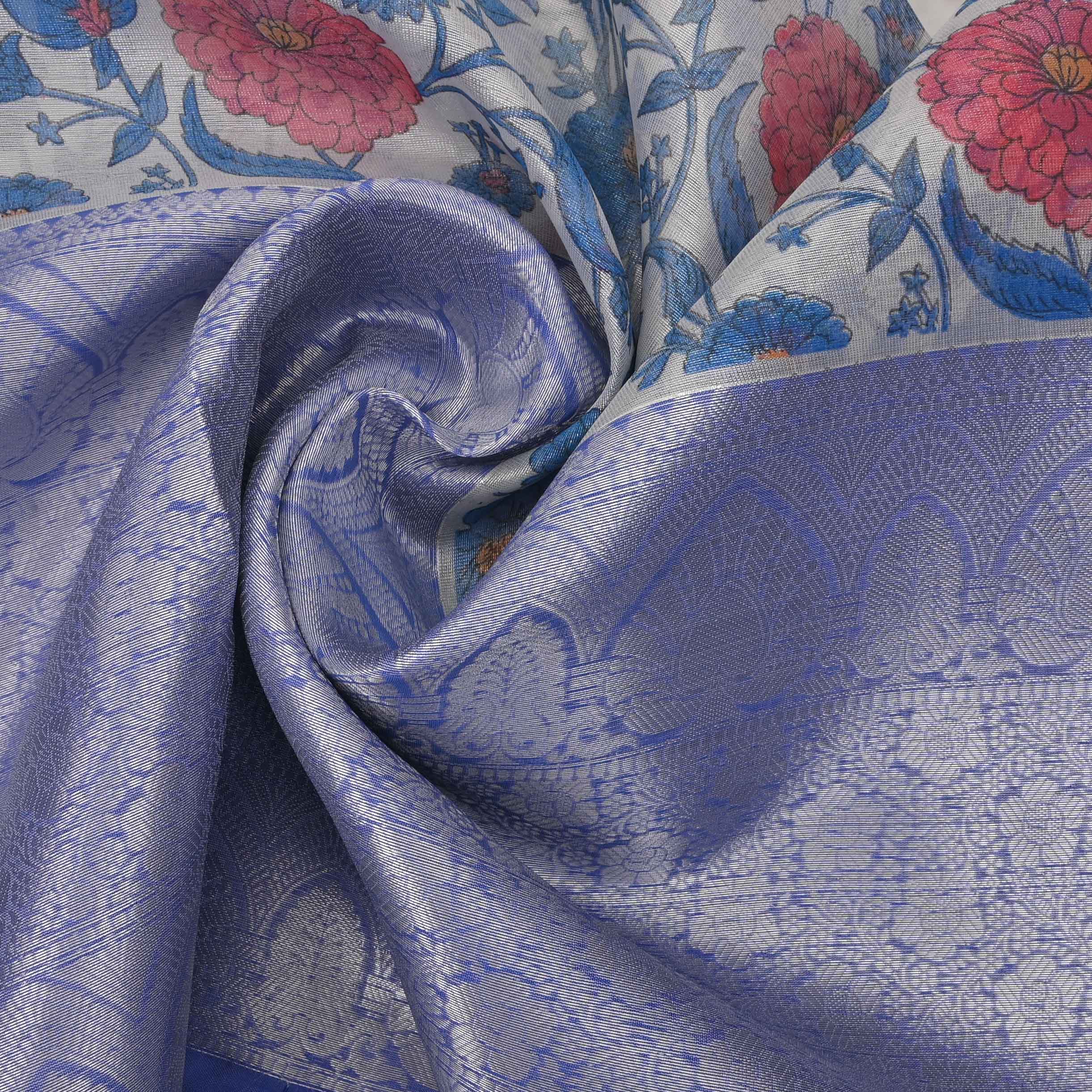 Blue White Printed Floral Tissue Fabric