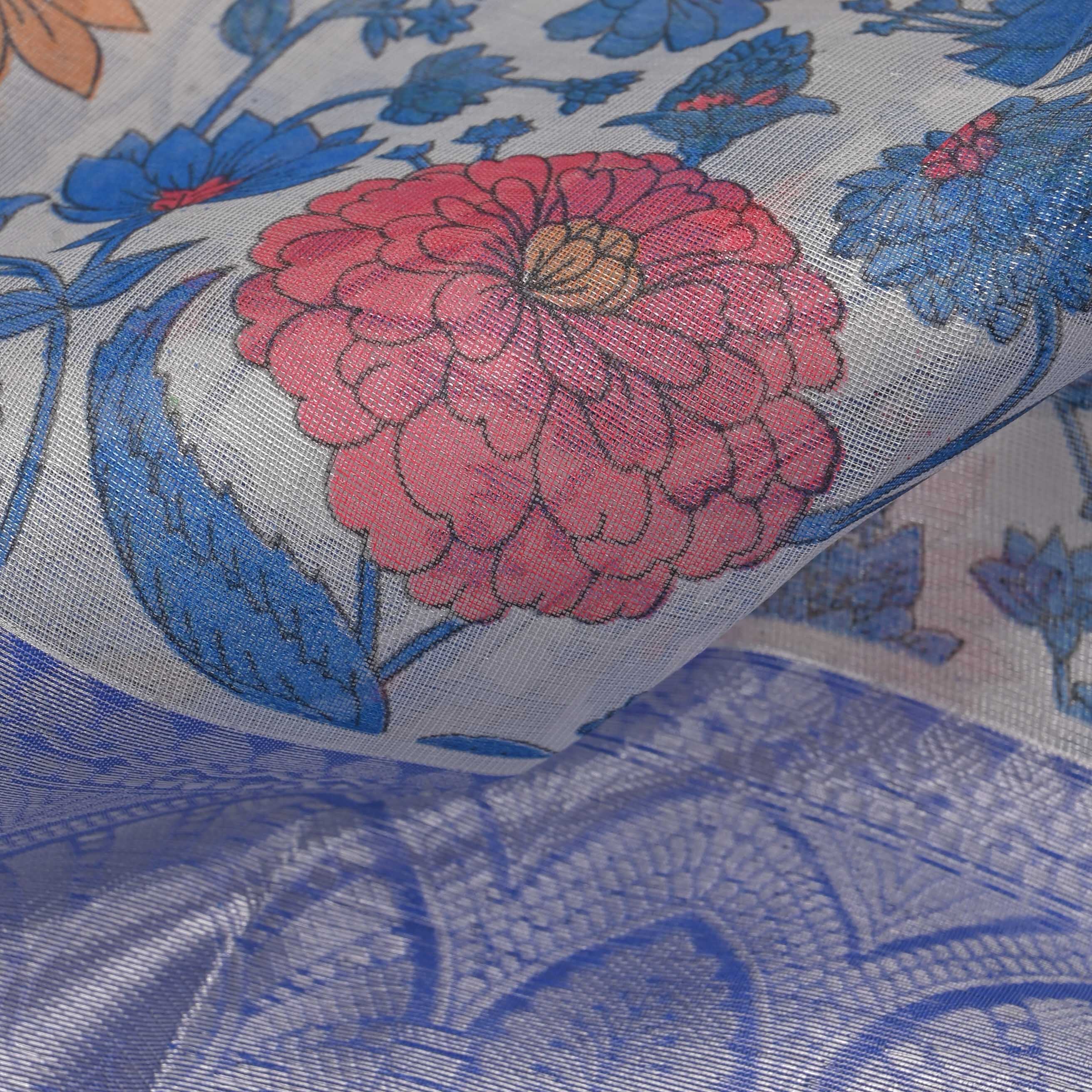 Blue White Printed Floral Tissue Fabric