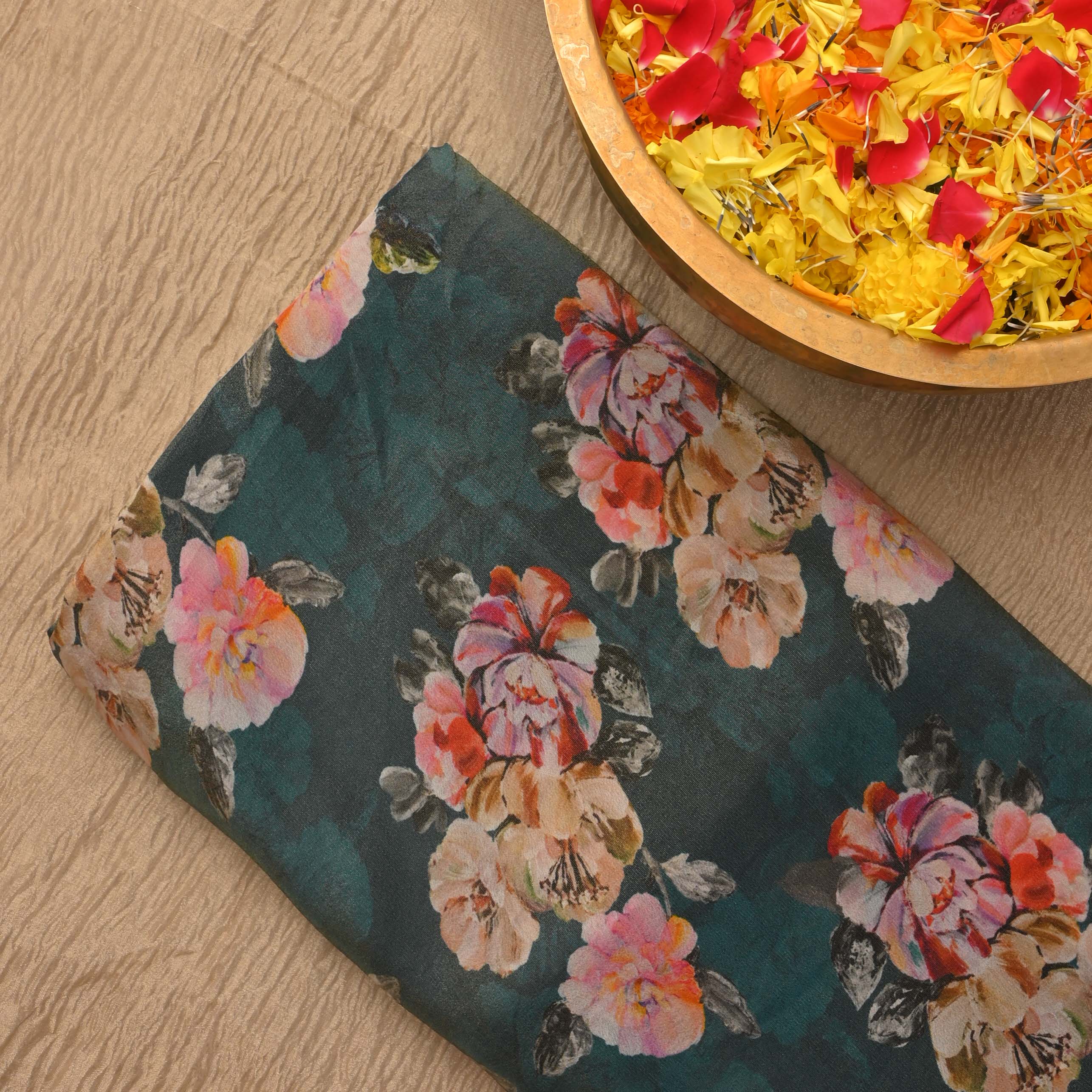 Medium Jungle Green Printed Tissue Floral Fabric