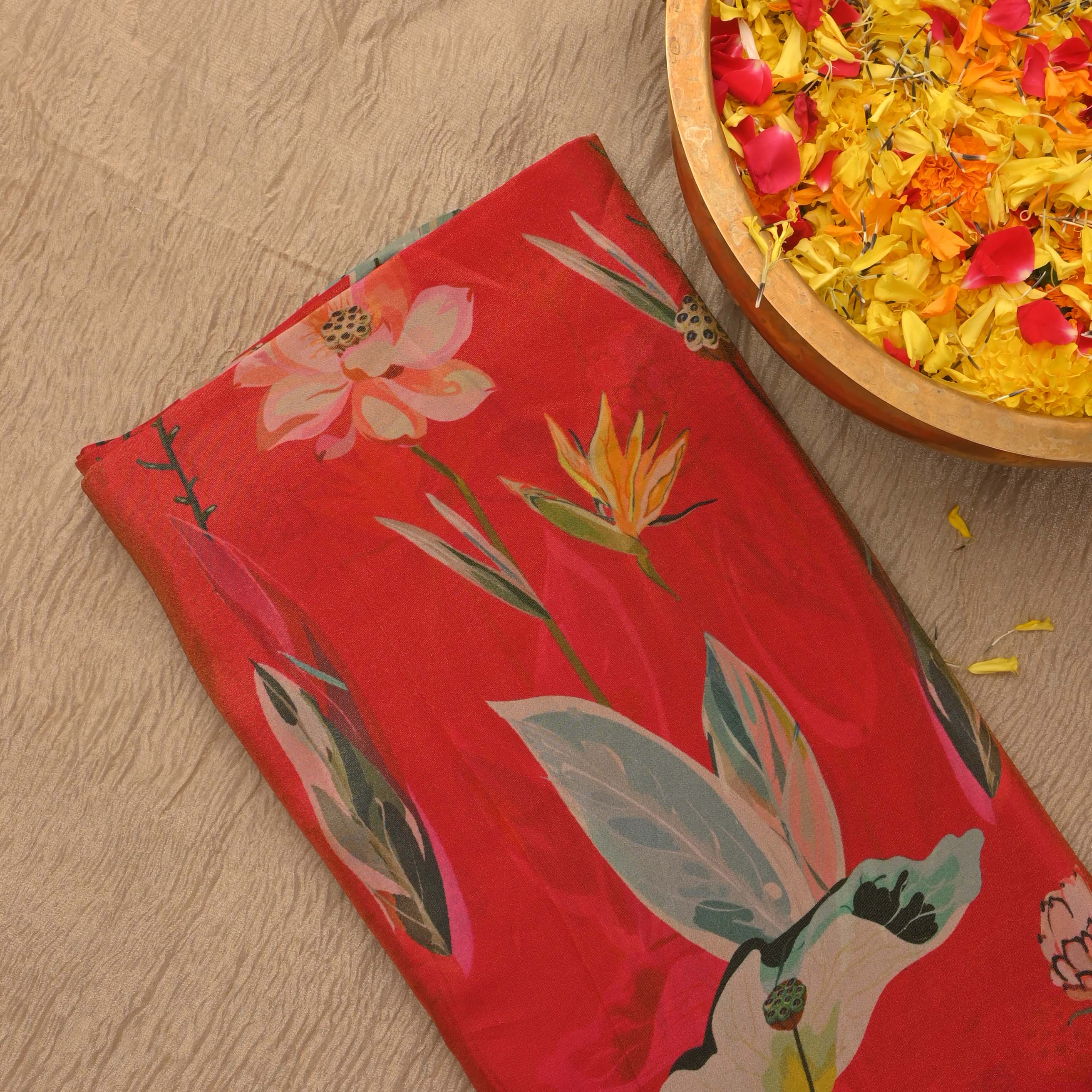 Crimson Pink Printed Tissue Floral Fabric