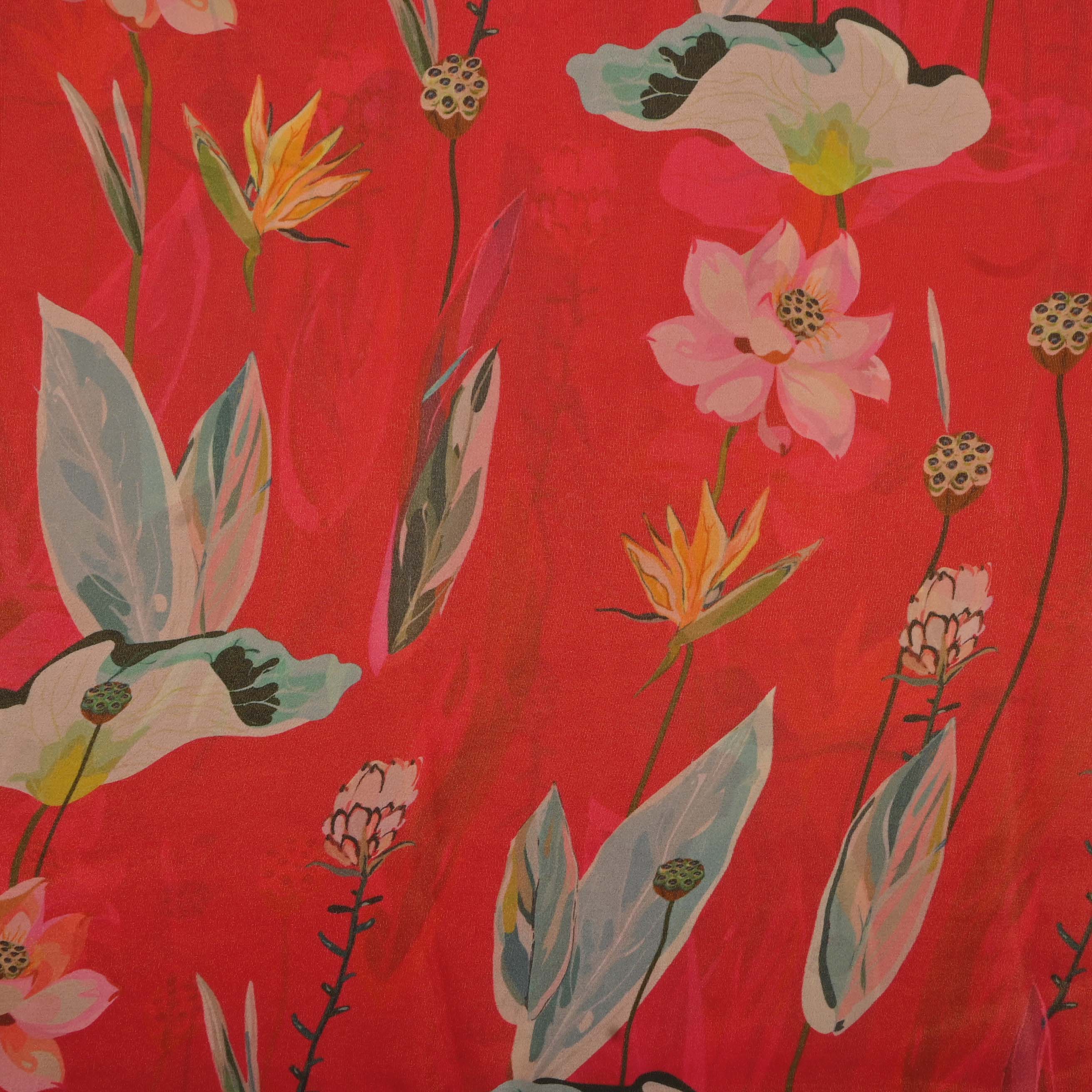 Crimson Pink Printed Tissue Floral Fabric