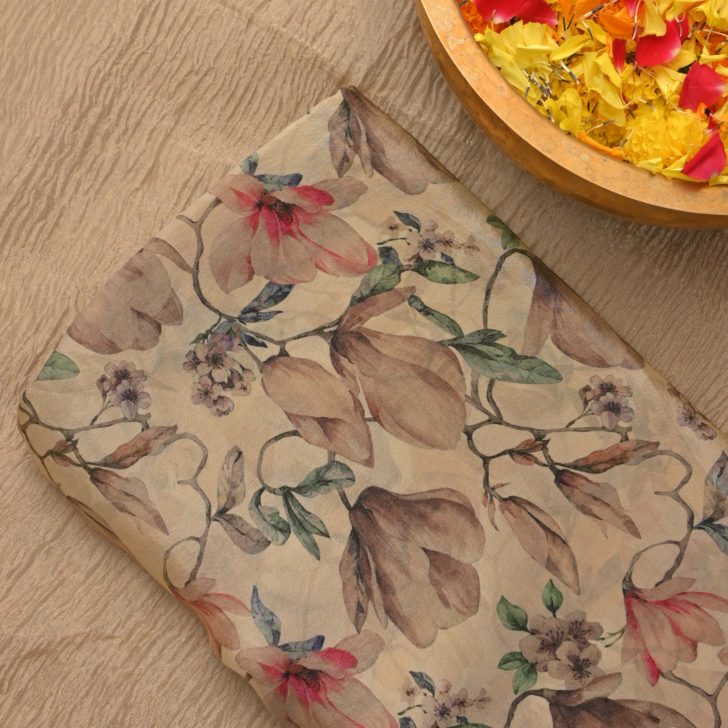 Mocassin Yellow Printed Tissue Floral Fabric