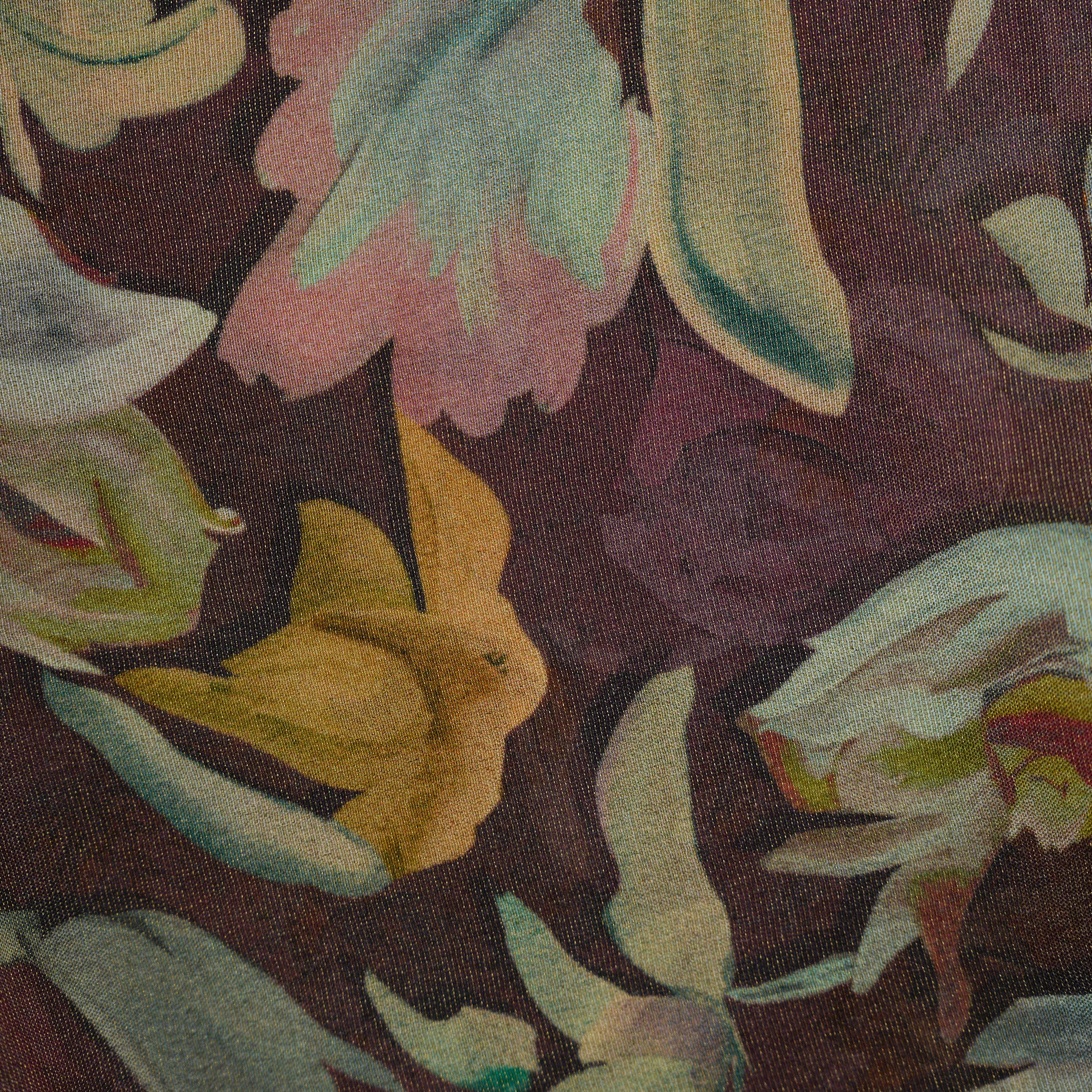 Purplish Brown Printed Multicolor Floral Tissue Fabric