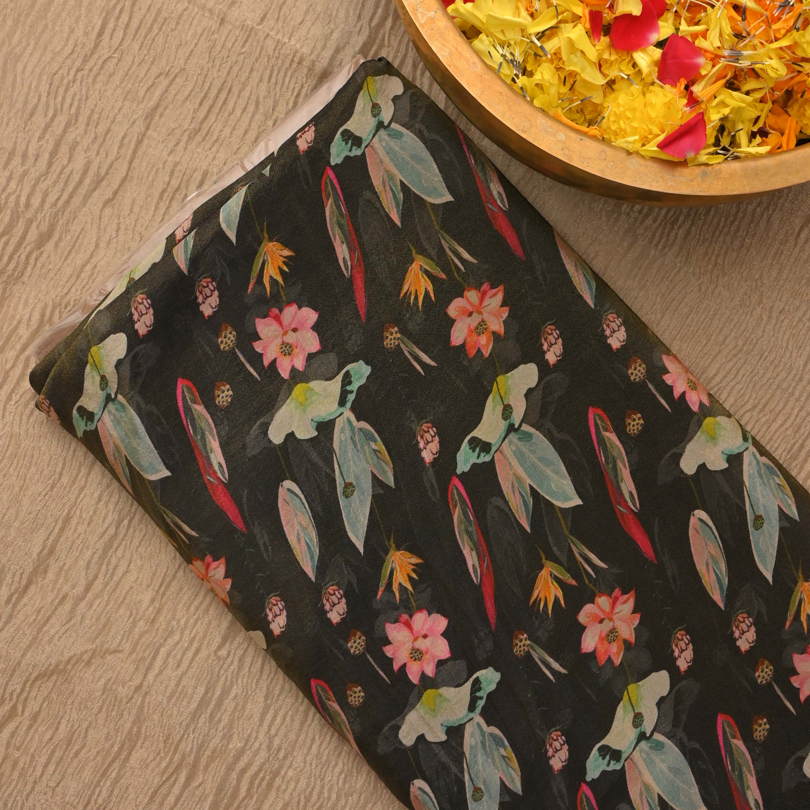 Dark Black Printed Tissue Floral Fabric