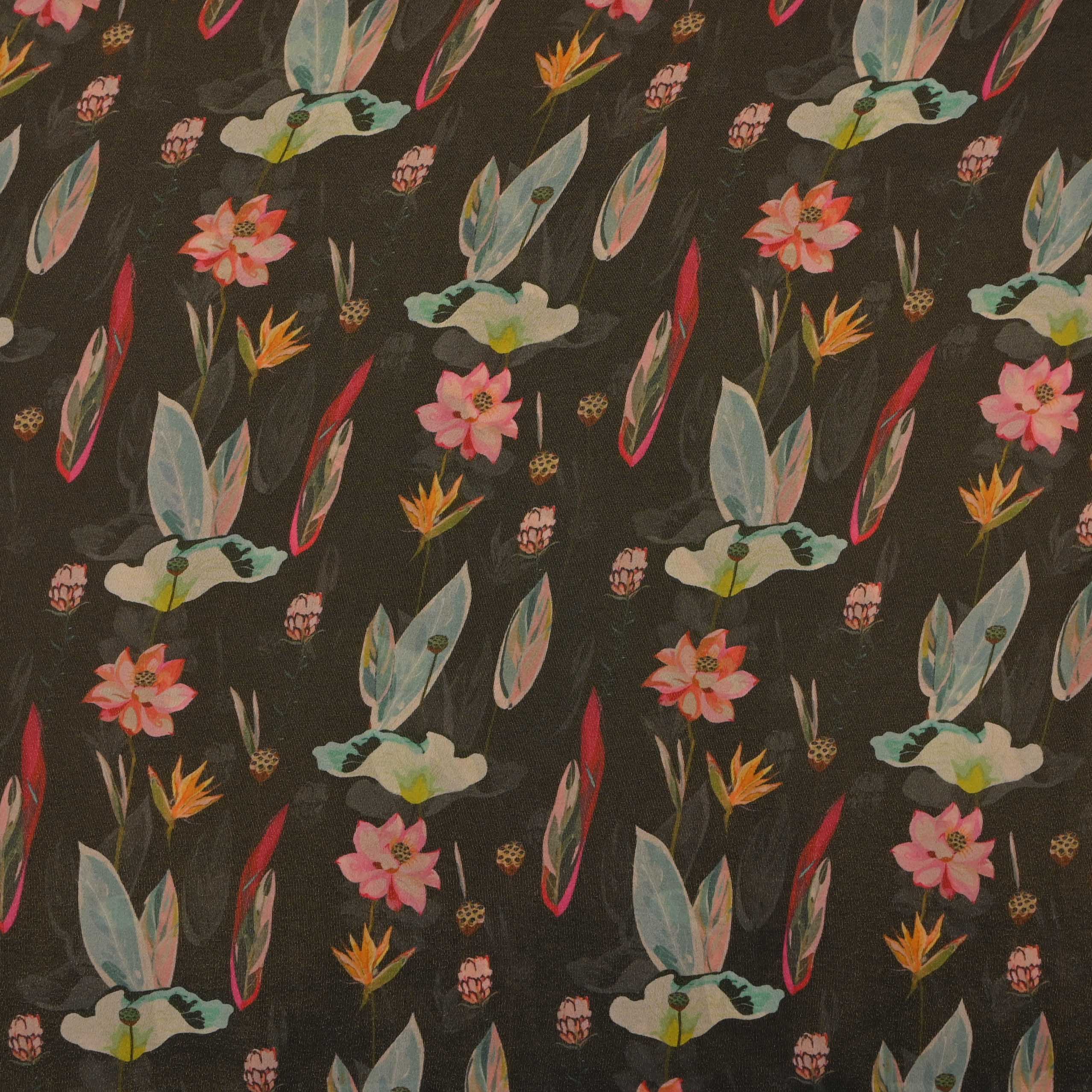 Dark Black Printed Tissue Floral Fabric