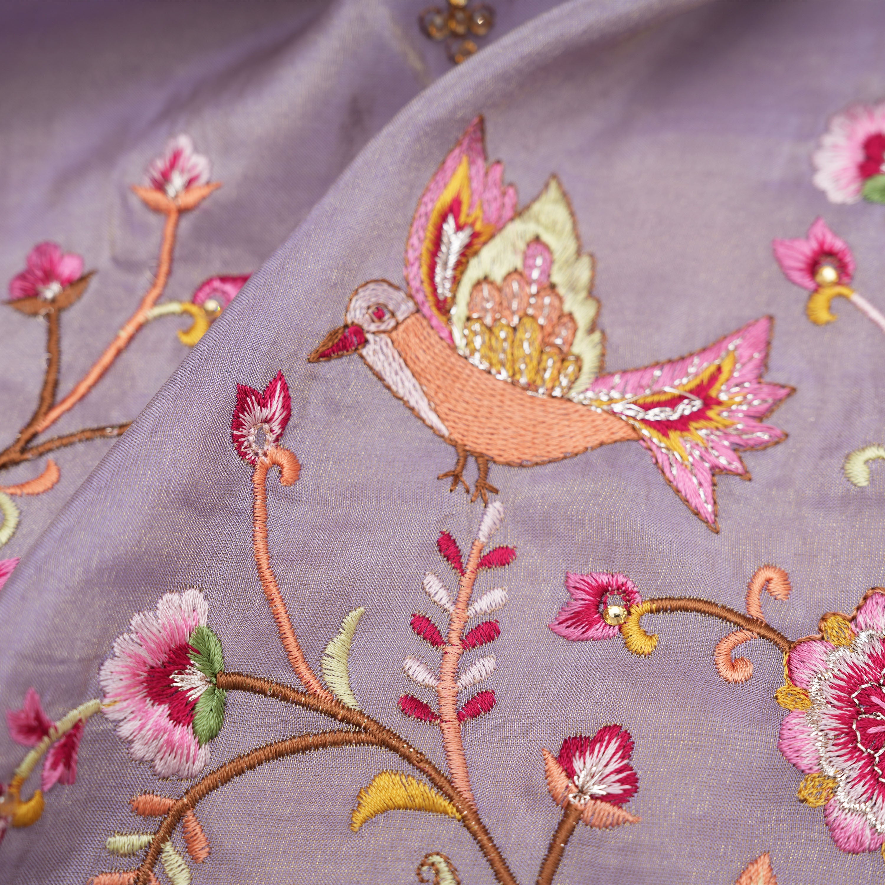 Gray Blue Floral Jaal Cuckoo Bordered Tissue Fabric