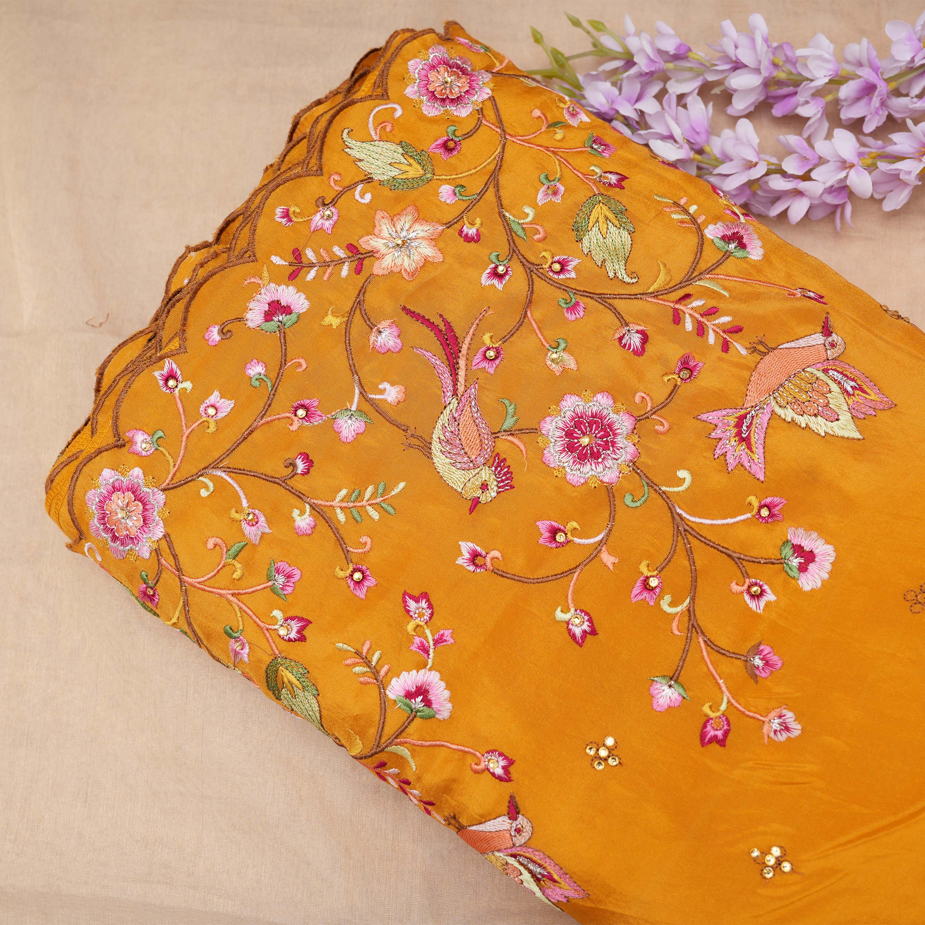 Yellowish Orange Floral Jaal Tissue Fabric