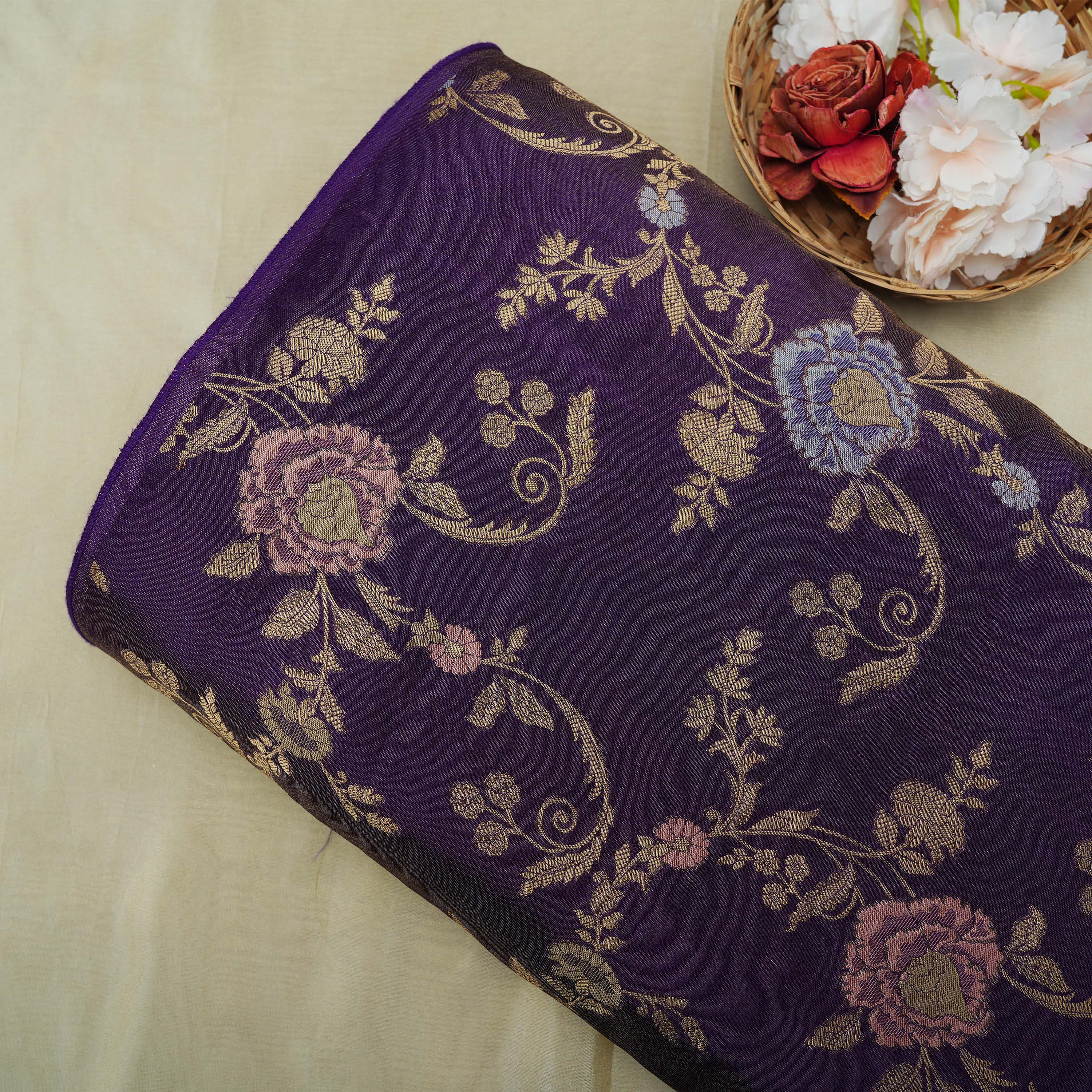 Dark Purple Banarasi Delicate Floral Jaal Tissue Fabric