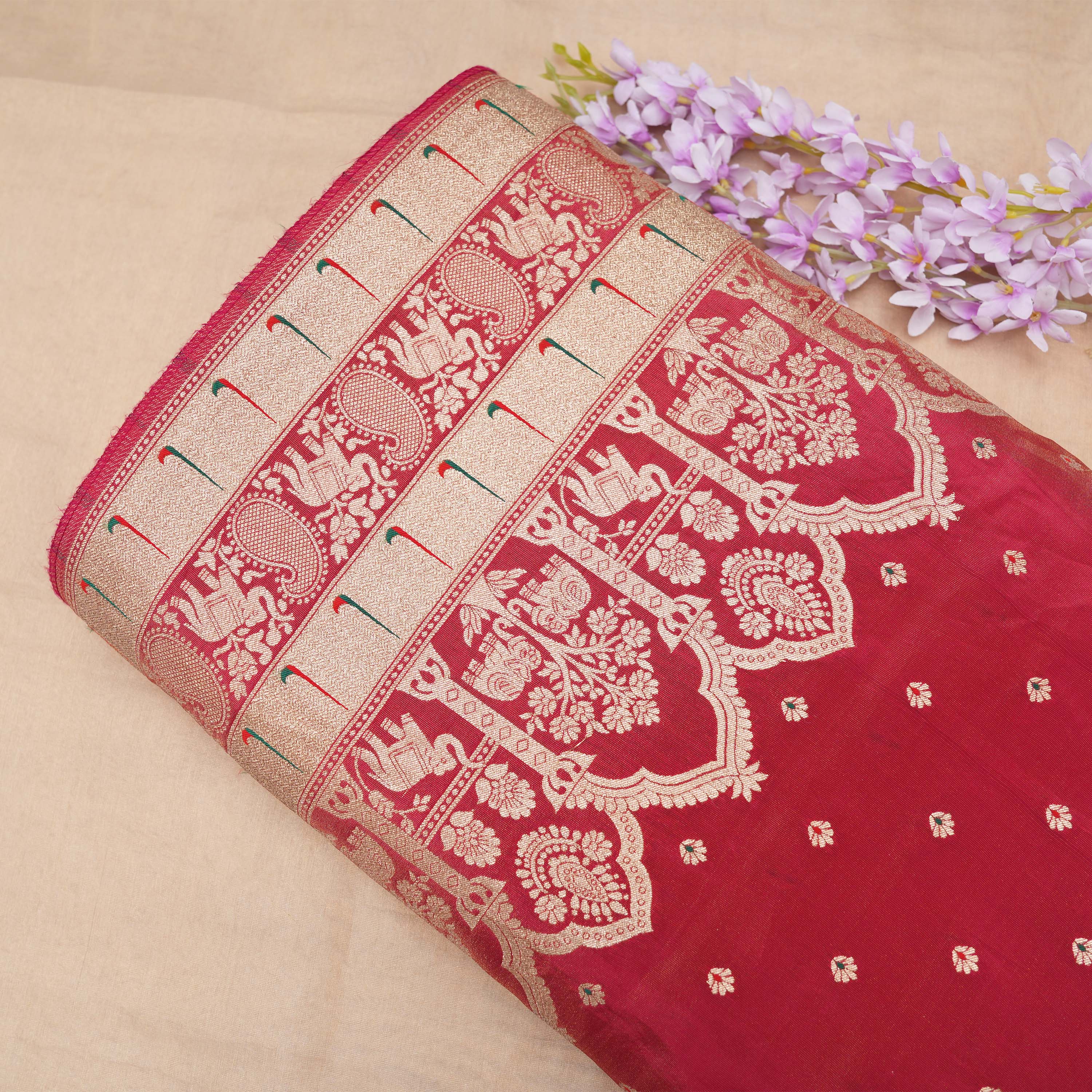 Cardinal Pink Paithani Mughal Motif Tissue Fabric