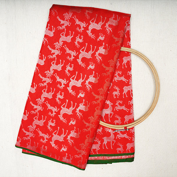 Coca-Cola Red Kanjivaram Silk Handloom Fabric With Animal Motifs