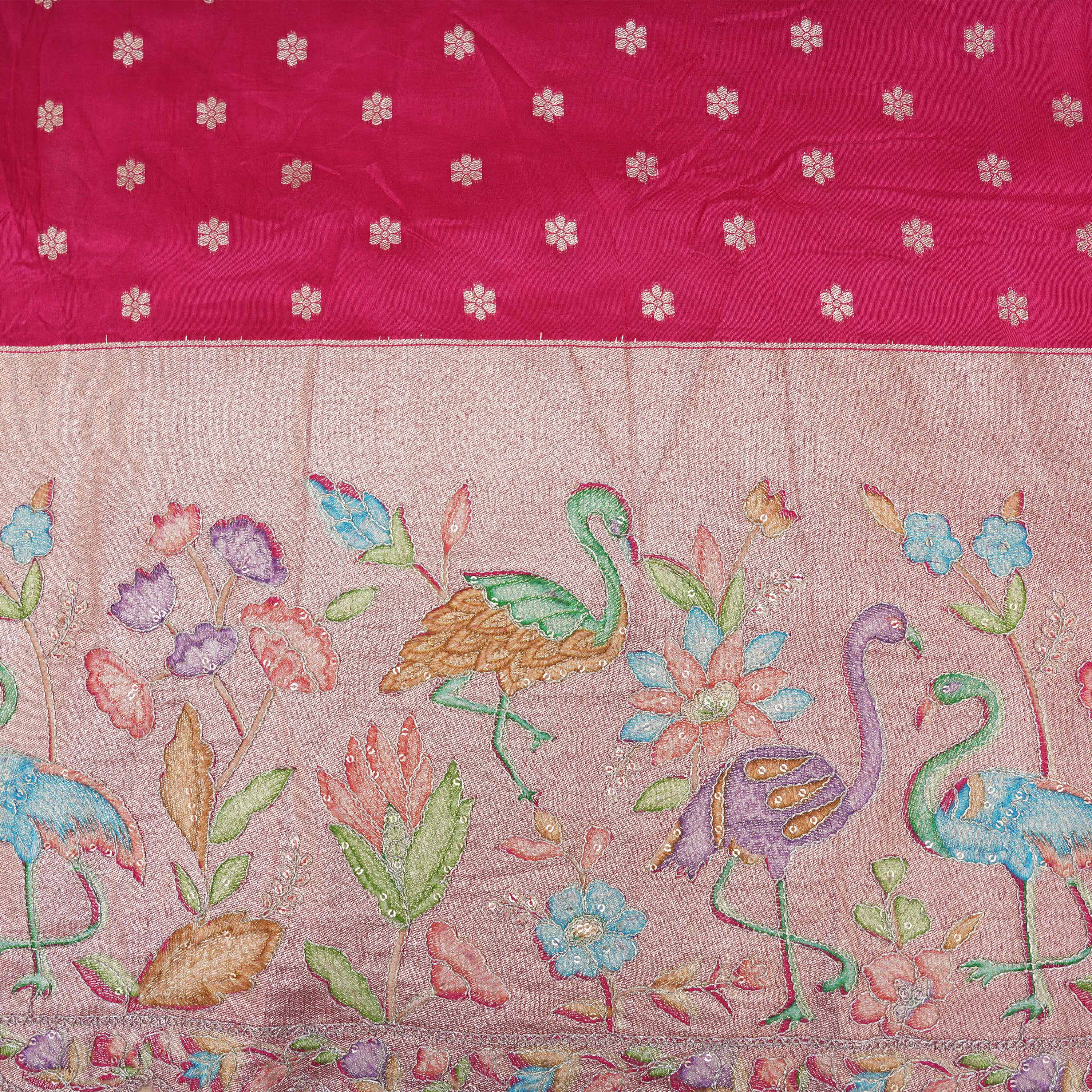 Bright Maroon Pink Jamawar Silk With Surkhaab Motif Border