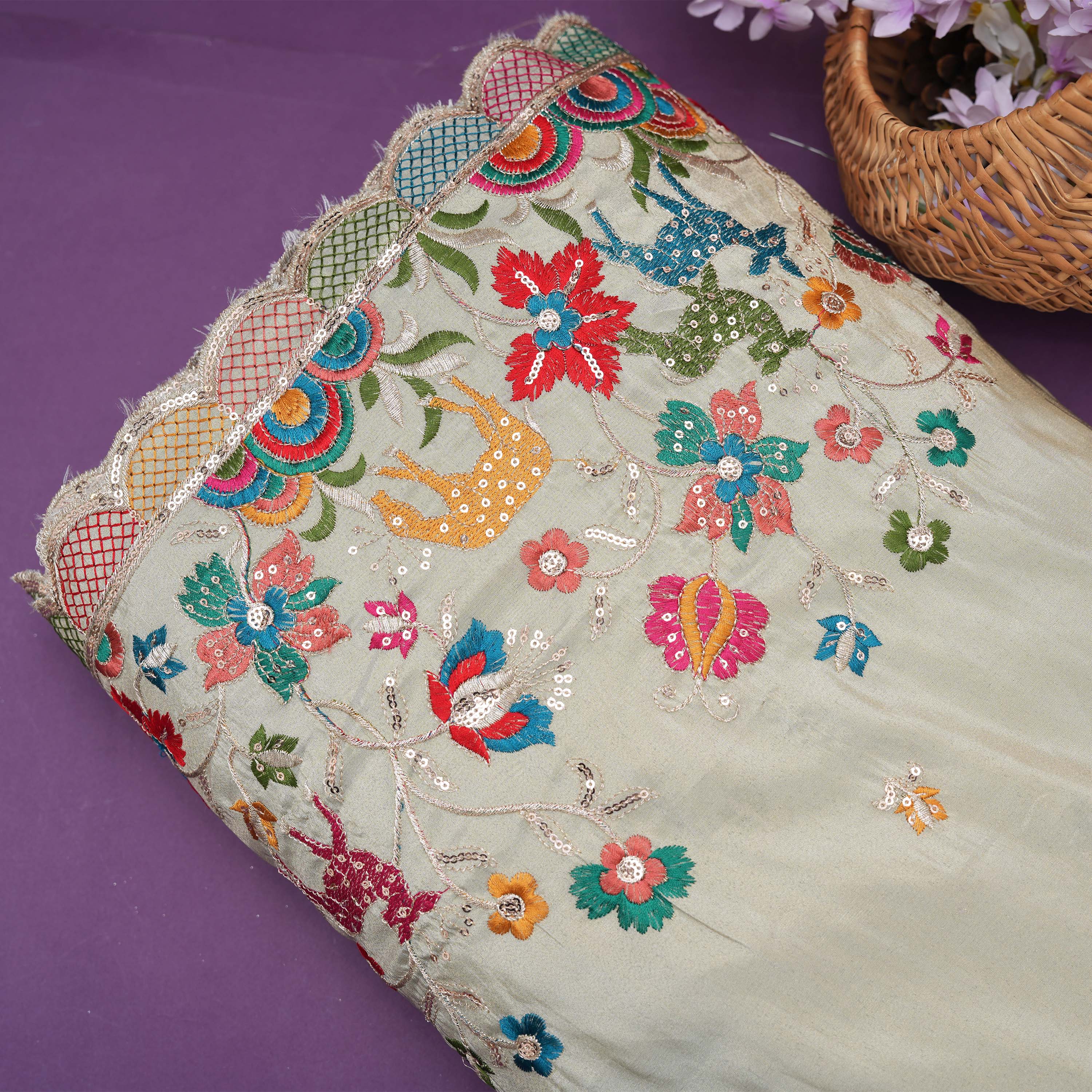 Smoked White Maan And Floral Embroiderey On Tissue Fabric