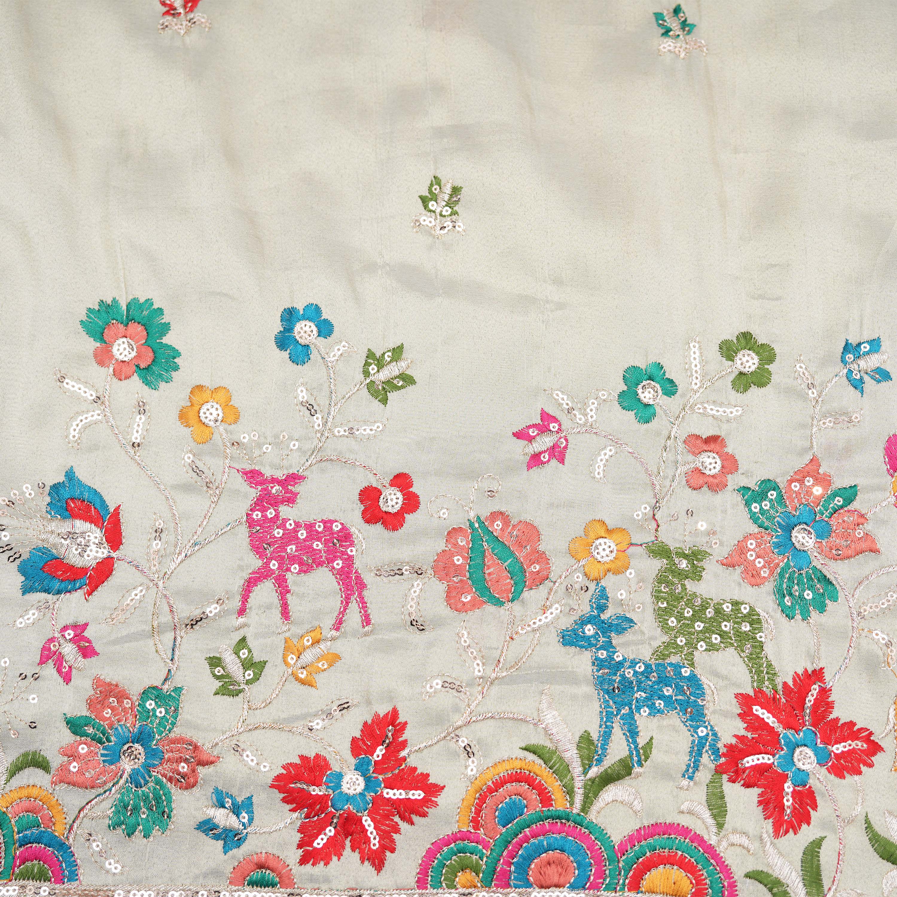 Smoked White Maan And Floral Embroidery On Tissue Fabric