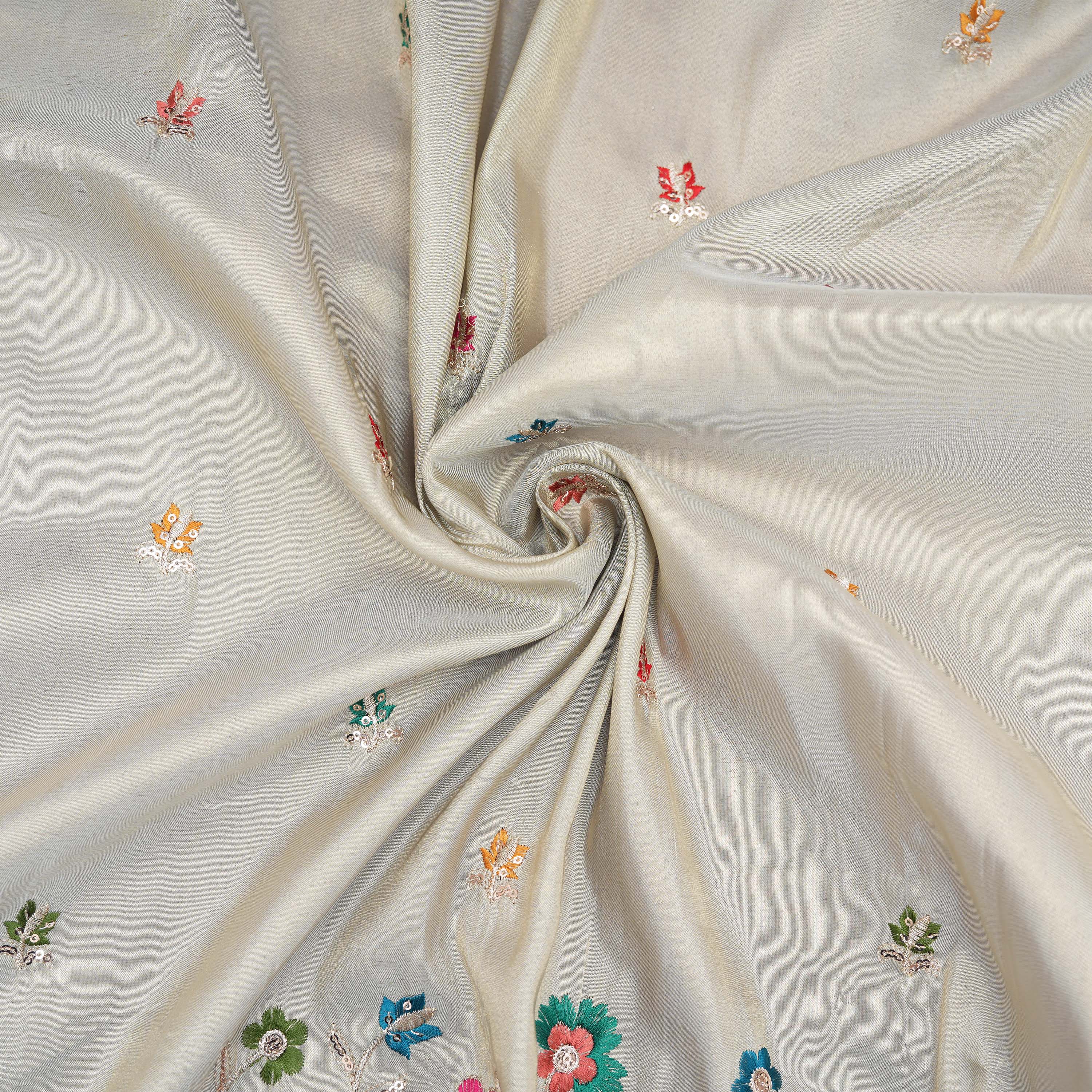 Smoked White Maan And Floral Embroidery On Tissue Fabric